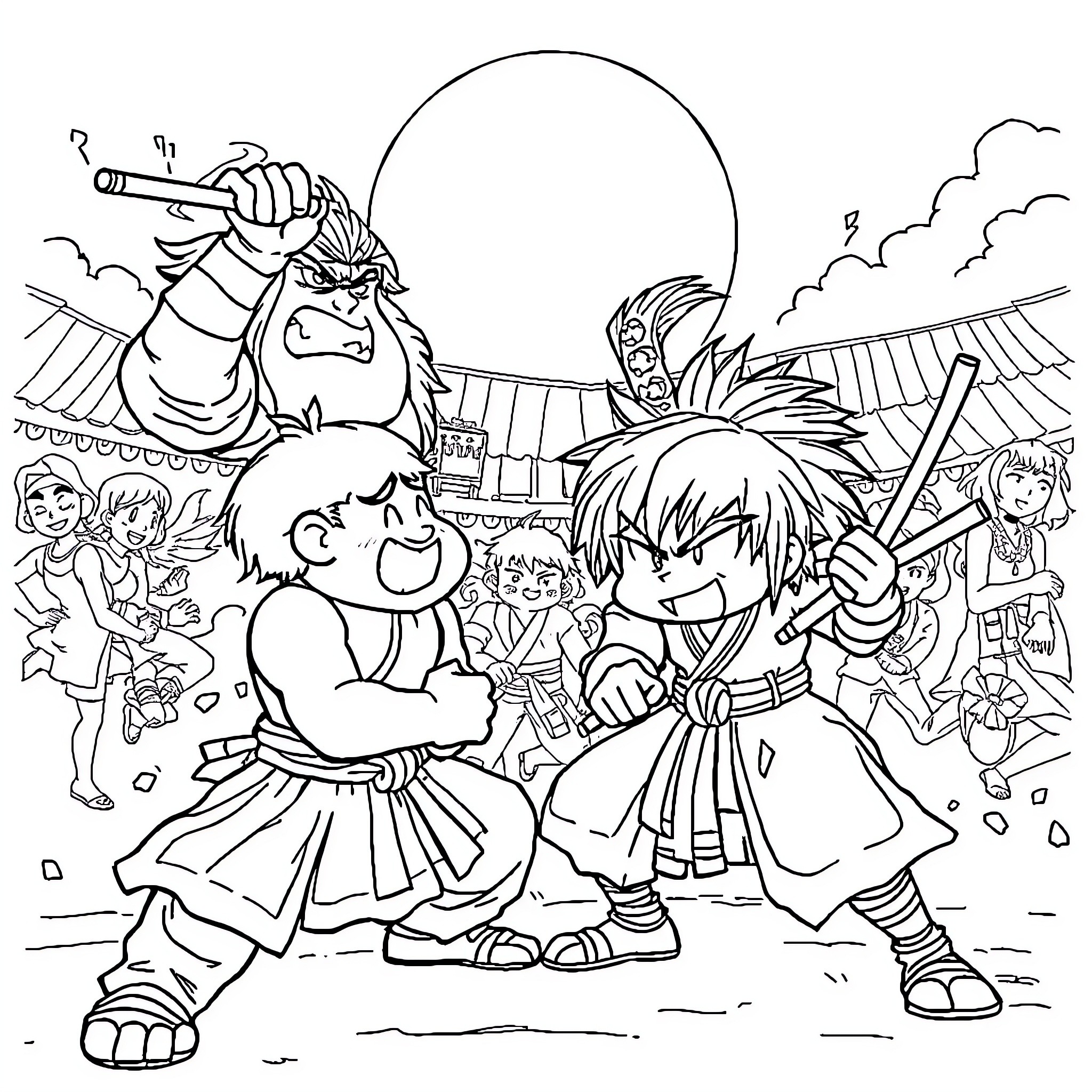 Samurai Warriors in Fierce Battle Coloring Page (free black-and-white line drawing printable PDF for all, from beginners to advanced learners, including children, teens, adults, and seniors)