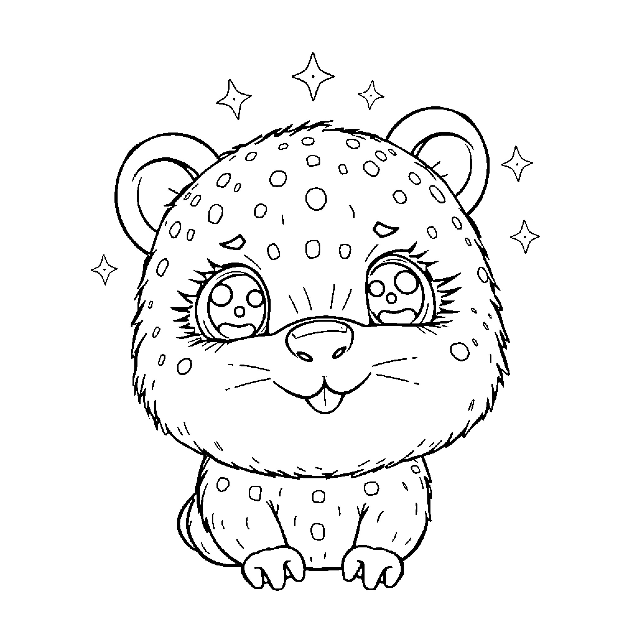 Cubo Adorable Leopard Cub with Sparkling Stars Coloring Page (free black-and-white line drawing printable PDF for all, from beginners to advanced learners, including children, teens, adults, and seniors)