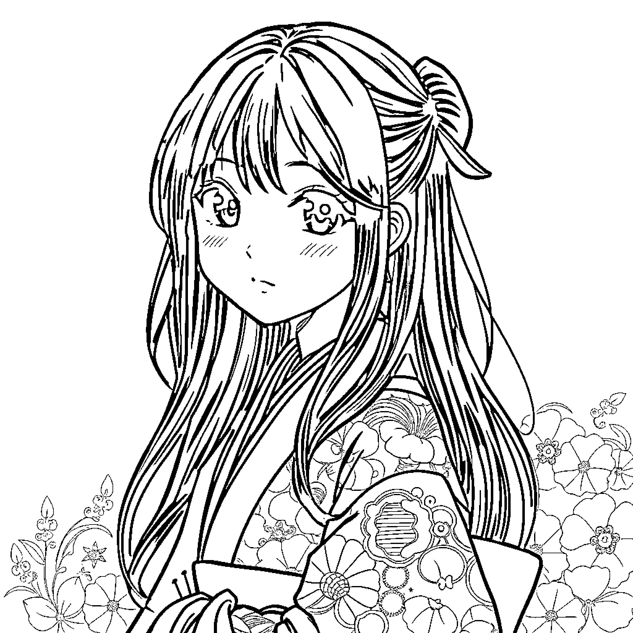 Japanese Girl in Floral Kimono Coloring Page (free black-and-white line drawing printable PDF for all, from beginners to advanced learners, including children, teens, adults, and seniors)