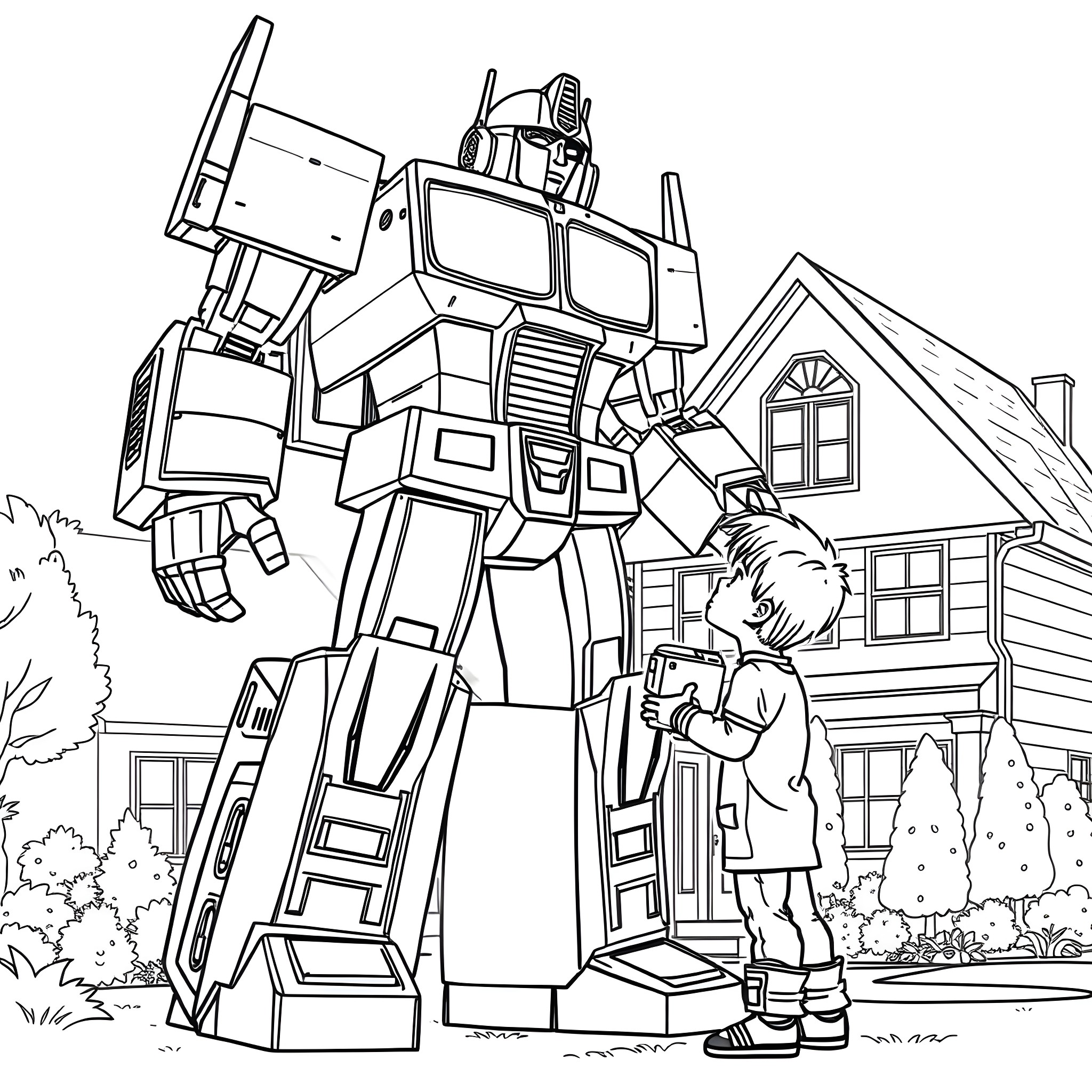 Optimus Prime standing tall in front of a suburban home Coloring Page (free black-and-white line drawing printable PDF for all, from beginners to advanced learners, including children, teens, adults, and seniors)