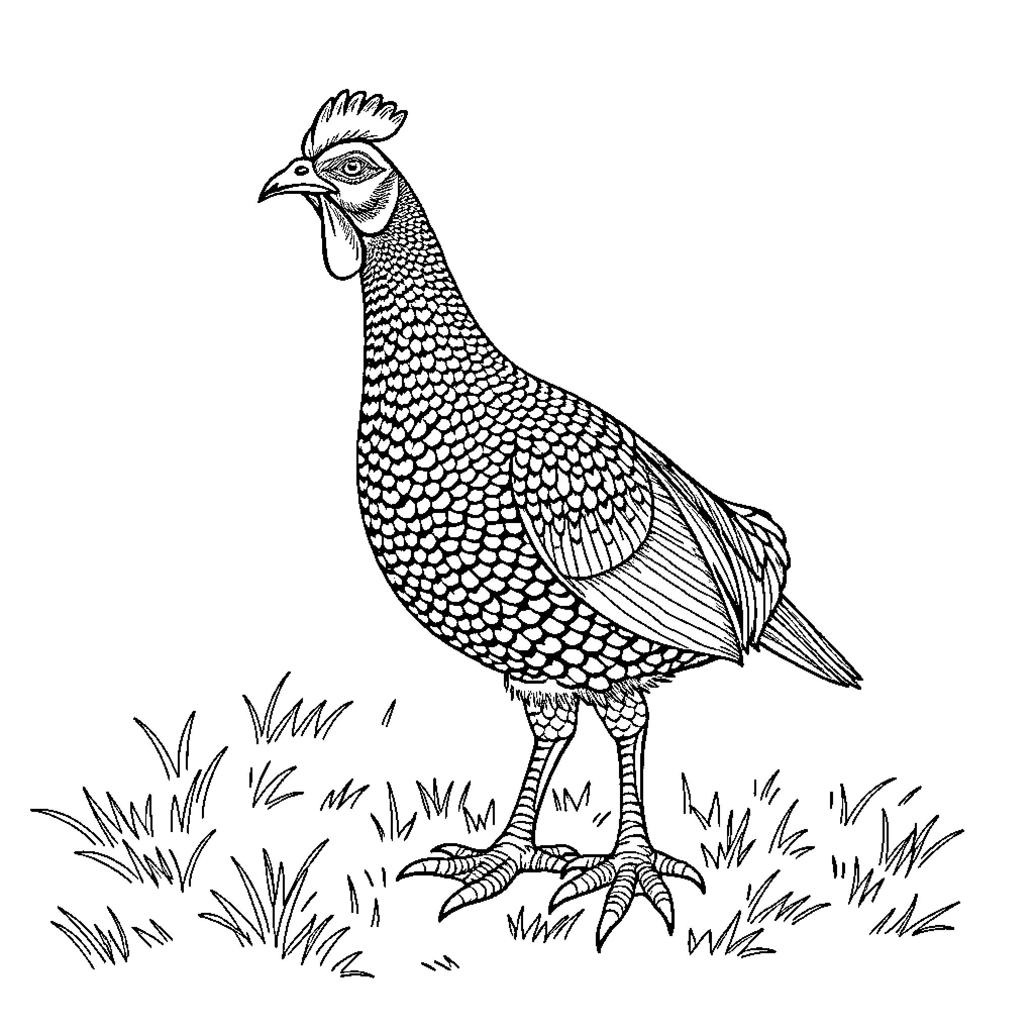 Grouse standing proudly in the grass Coloring Page (free black-and-white line drawing printable PDF for all, from beginners to advanced learners, including children, teens, adults, and seniors)