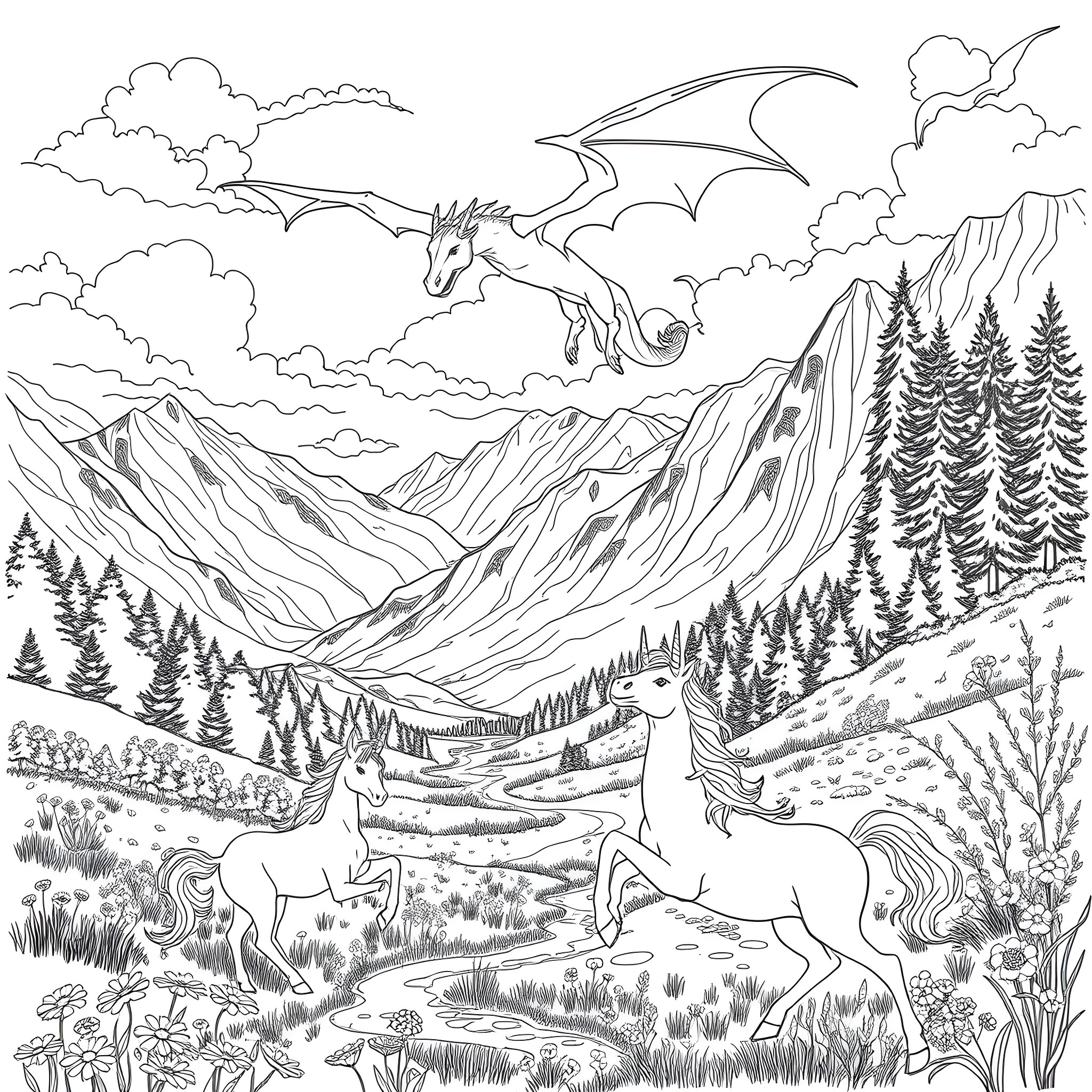 Dragon soaring over magical mountain landscape Coloring Page (free black-and-white line drawing printable PDF for all, from beginners to advanced learners, including children, teens, adults, and seniors)