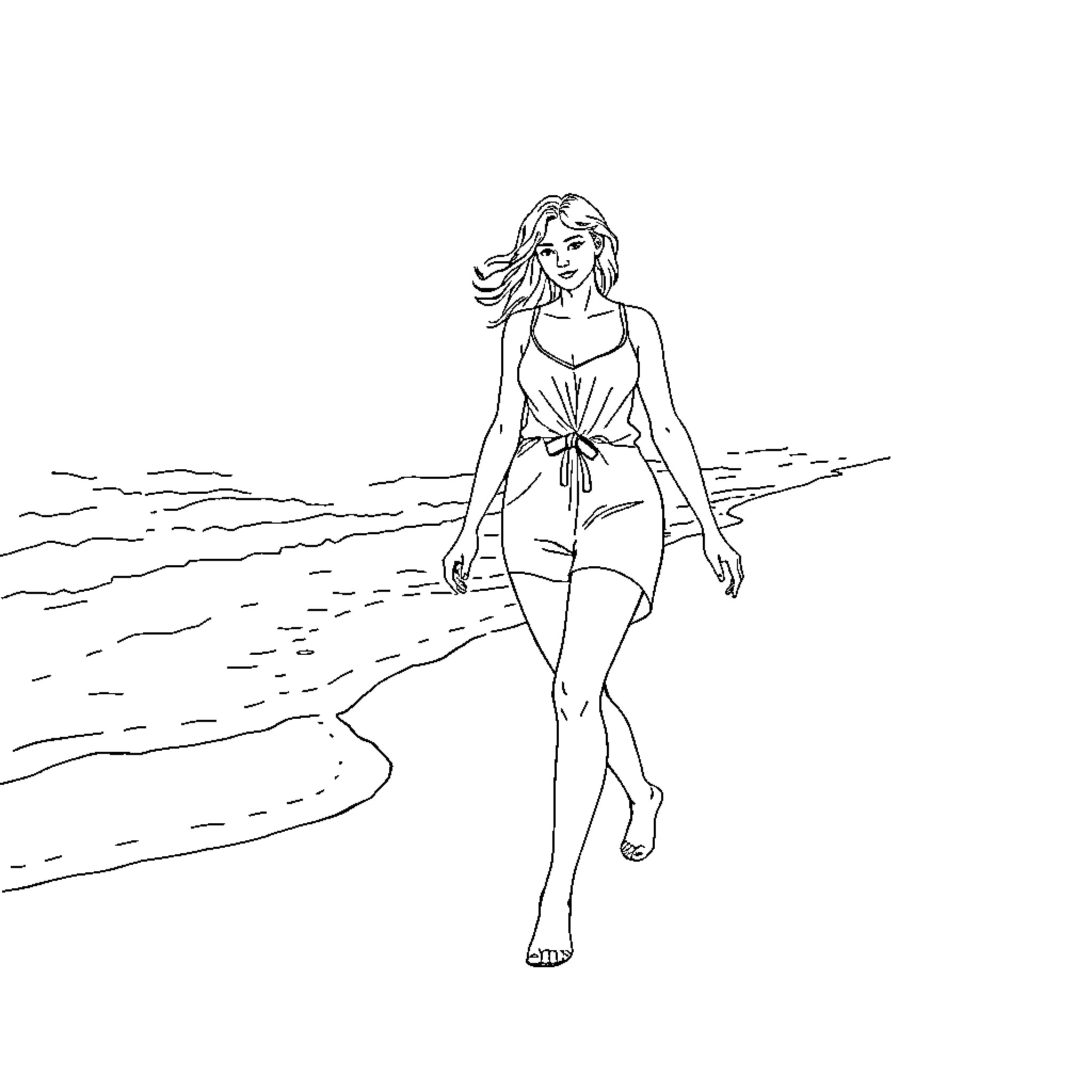 Woman walking on beach in swimsuit Coloring Page (free black-and-white line drawing printable PDF for all, from beginners to advanced learners, including children, teens, adults, and seniors)