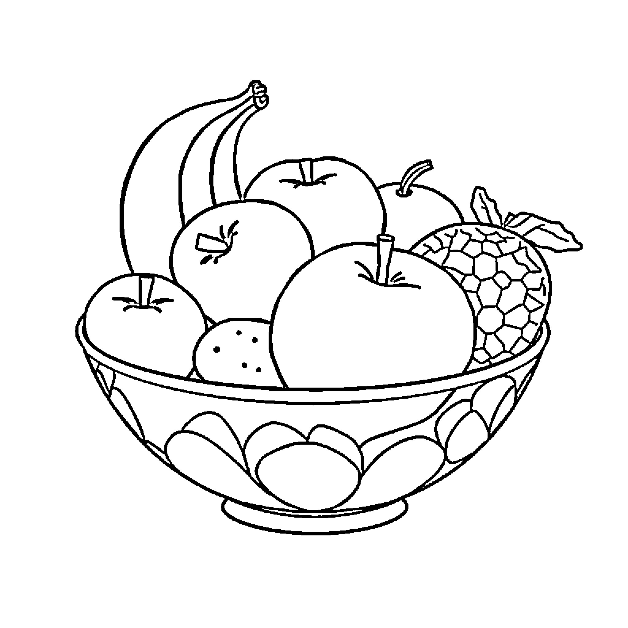 Fruit Bowl with Varied Produce Coloring Page (free black-and-white line drawing printable PDF for all, from beginners to advanced learners, including children, teens, adults, and seniors)