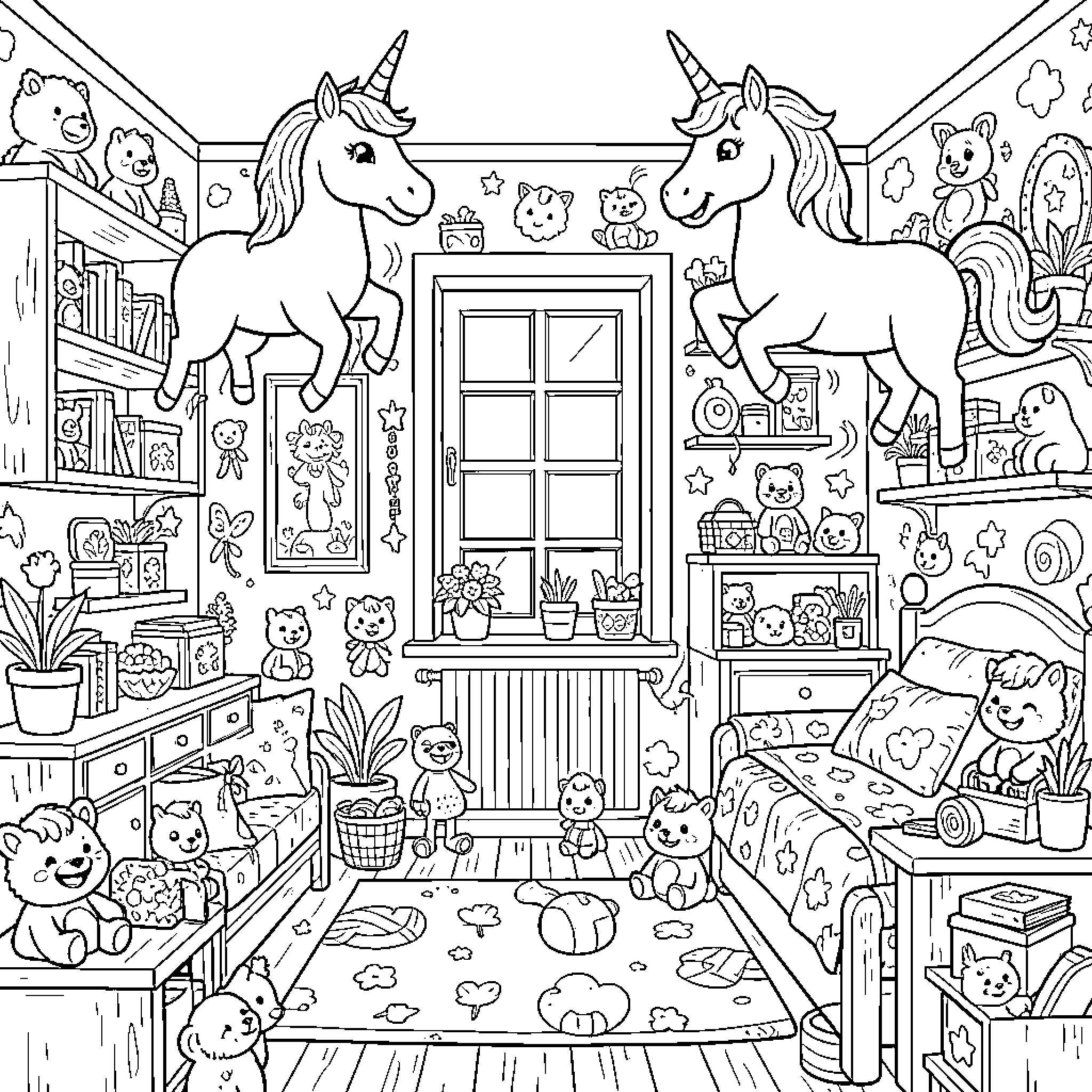 Unicorn friends exploring a cozy bedroom Coloring Page (free black-and-white line drawing printable PDF for all, from beginners to advanced learners, including children, teens, adults, and seniors)