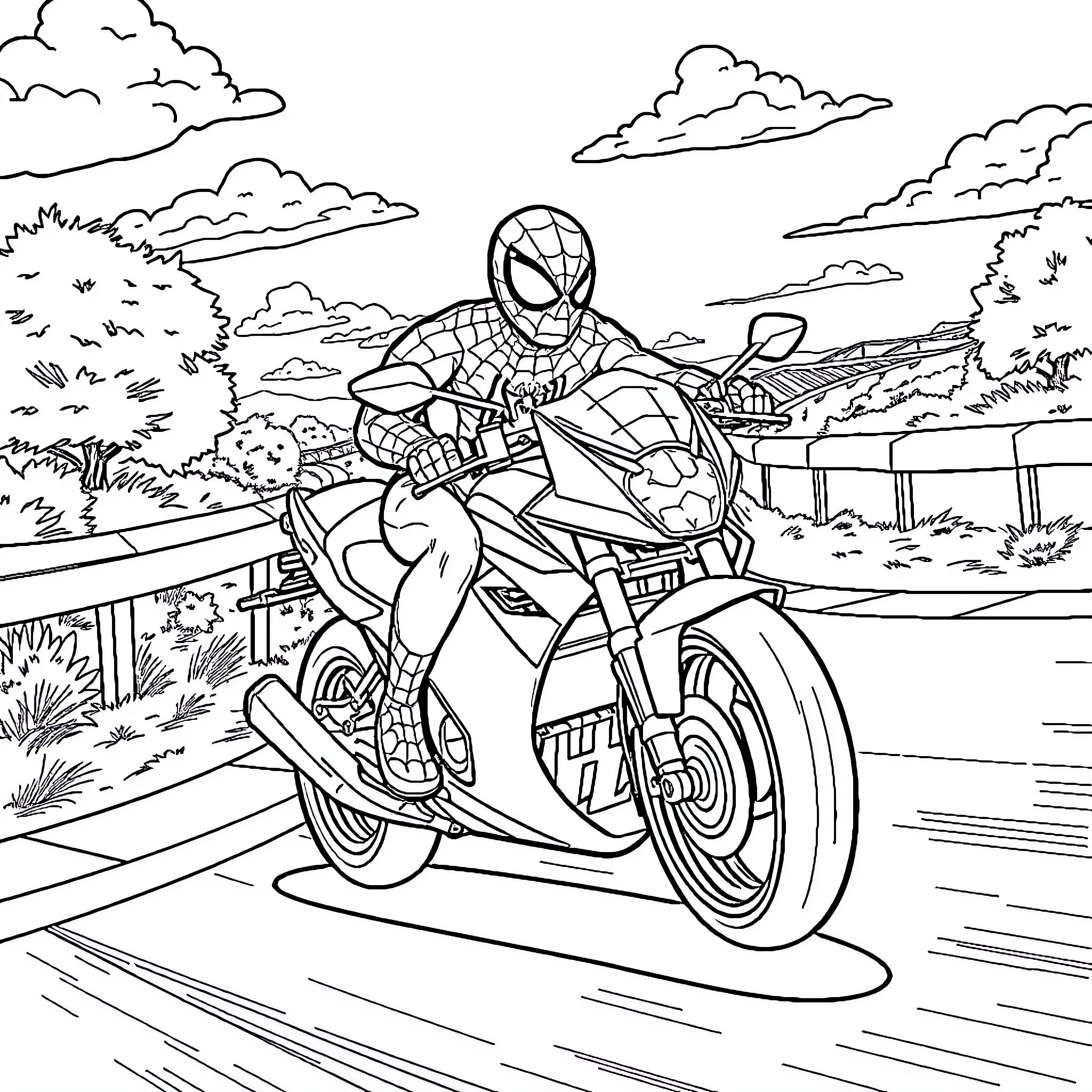 Spiderman riding motorcycle through scenic landscape Coloring Page (free black-and-white line drawing printable PDF for all, from beginners to advanced learners, including children, teens, adults, and seniors)