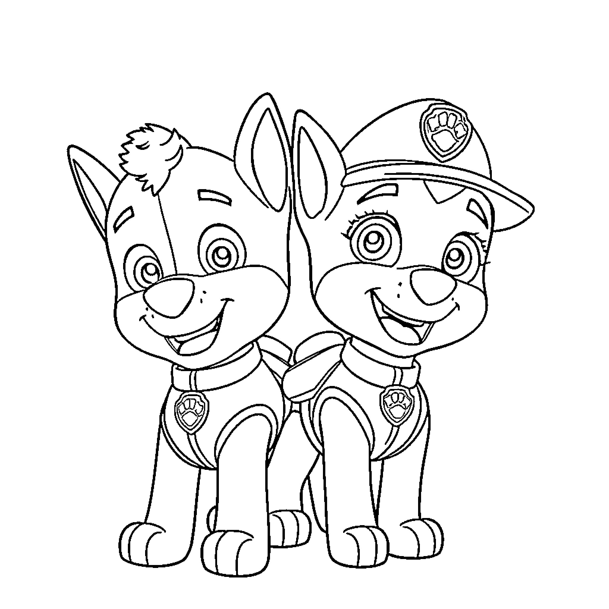 Paw Patrol Puppies Smiling and Ready for Adventure Coloring Page (free black-and-white line drawing printable PDF for all, from beginners to advanced learners, including children, teens, adults, and seniors)