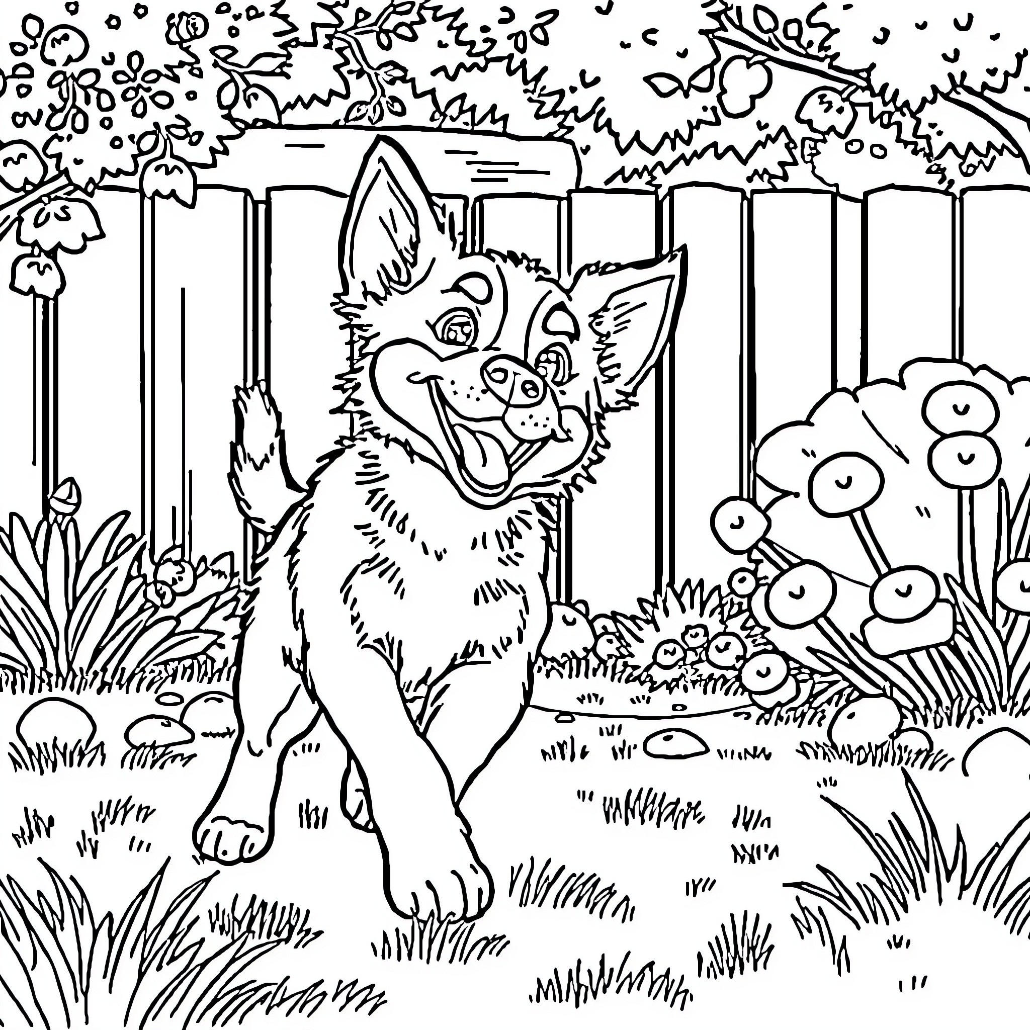Bluey playing happily in the backyard Coloring Page (free black-and-white line drawing printable PDF for all, from beginners to advanced learners, including children, teens, adults, and seniors)