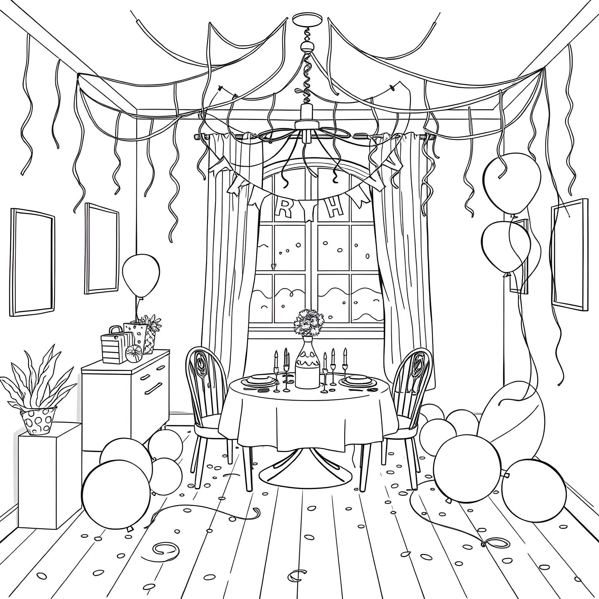 Birthday Party Celebration with Decorations and Festive Table Coloring Page (free black-and-white line drawing printable PDF for all, from beginners to advanced learners, including children, teens, adults, and seniors)