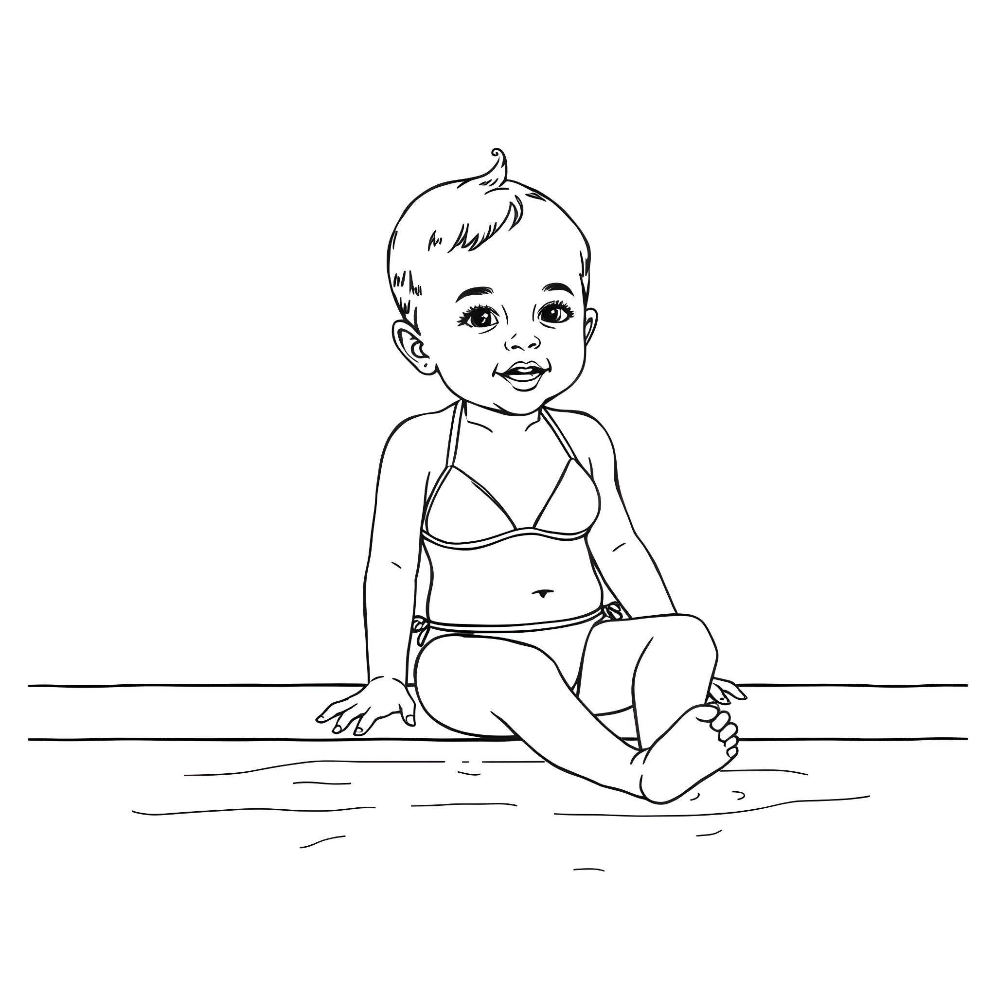Baby playing in the water Coloring Page (free black-and-white line drawing printable PDF for all, from beginners to advanced learners, including children, teens, adults, and seniors)
