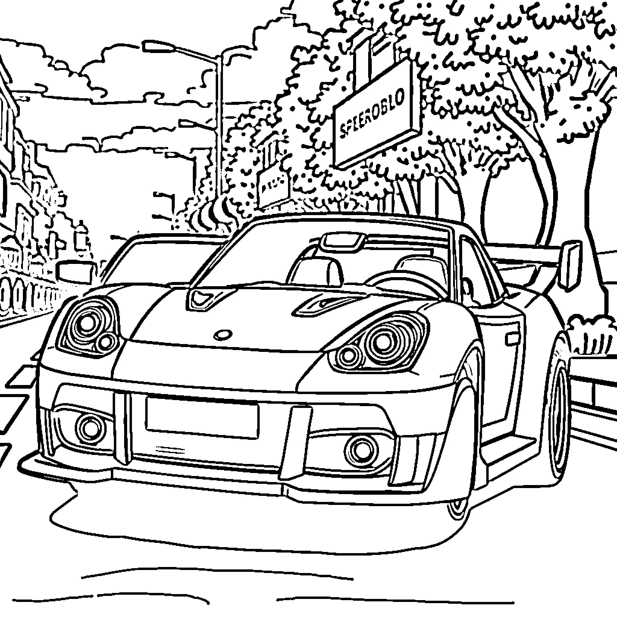 Lego Car Racing on City Street Coloring Page (free black-and-white line drawing printable PDF for all, from beginners to advanced learners, including children, teens, adults, and seniors)