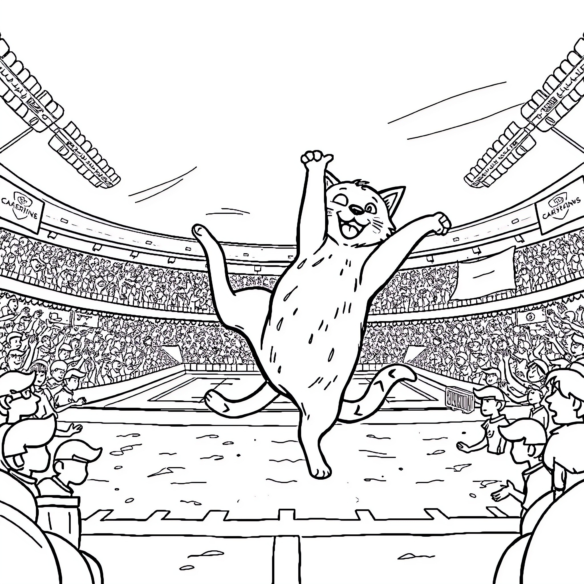 Cat performing tricks in a lively stadium Coloring Page (free black-and-white line drawing printable PDF for all, from beginners to advanced learners, including children, teens, adults, and seniors)