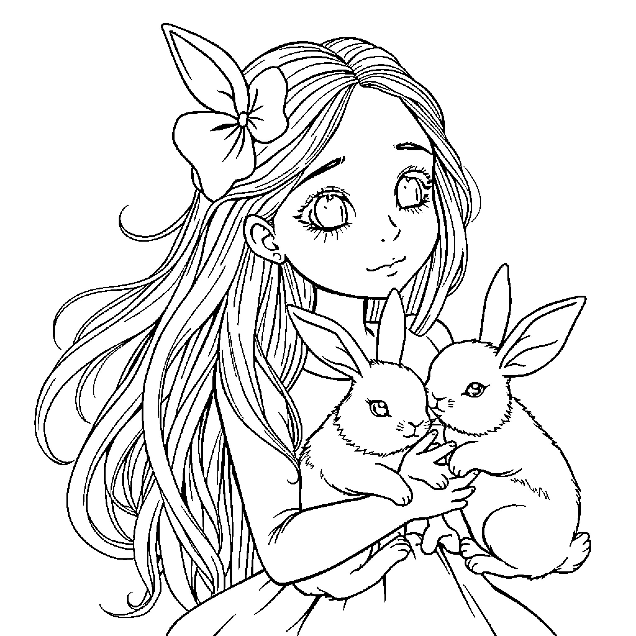 Girl holding cute bunny rabbits with flower accessories Coloring Page (free black-and-white line drawing printable PDF for all, from beginners to advanced learners, including children, teens, adults, and seniors)