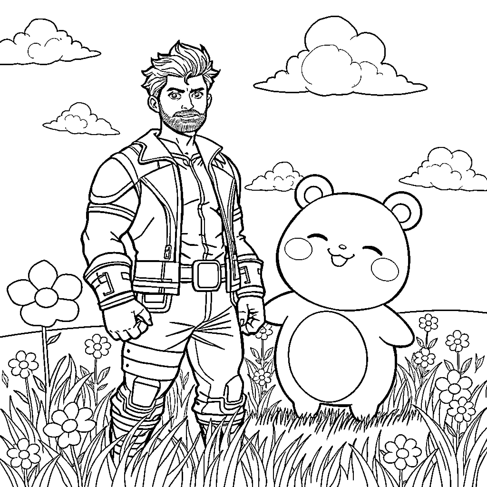 Bucky's Adventure with a Playful Panda Coloring Page (free black-and-white line drawing printable PDF for all, from beginners to advanced learners, including children, teens, adults, and seniors)