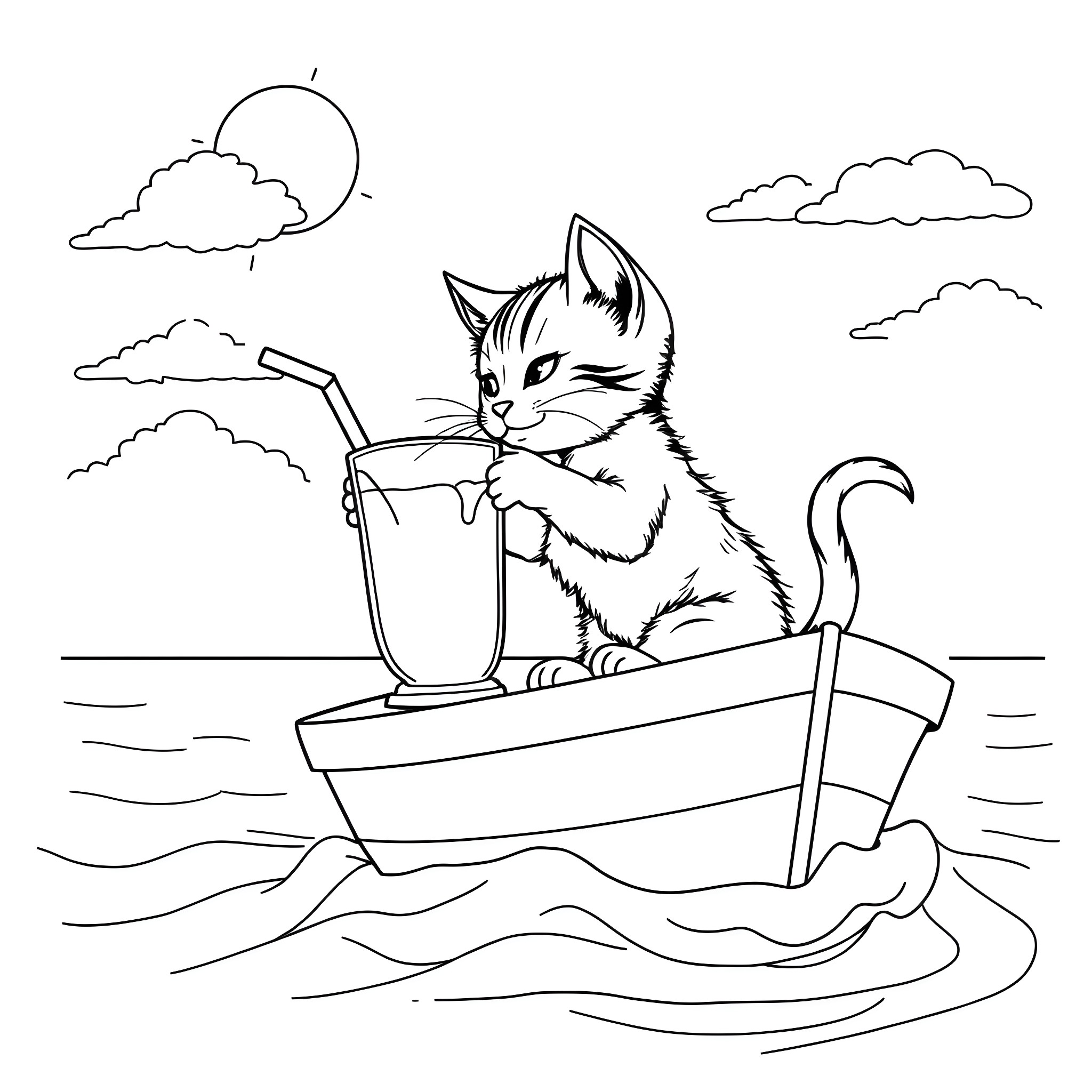 Kitten enjoying a refreshing drink on a boat Coloring Page (free black-and-white line drawing printable PDF for all, from beginners to advanced learners, including children, teens, adults, and seniors)