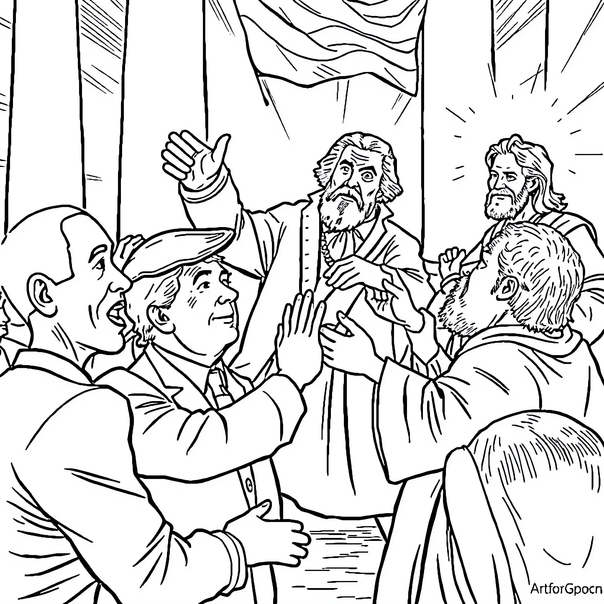 Historical Figures in Expressive Dialogue Coloring Page (free black-and-white line drawing printable PDF for all, from beginners to advanced learners, including children, teens, adults, and seniors)