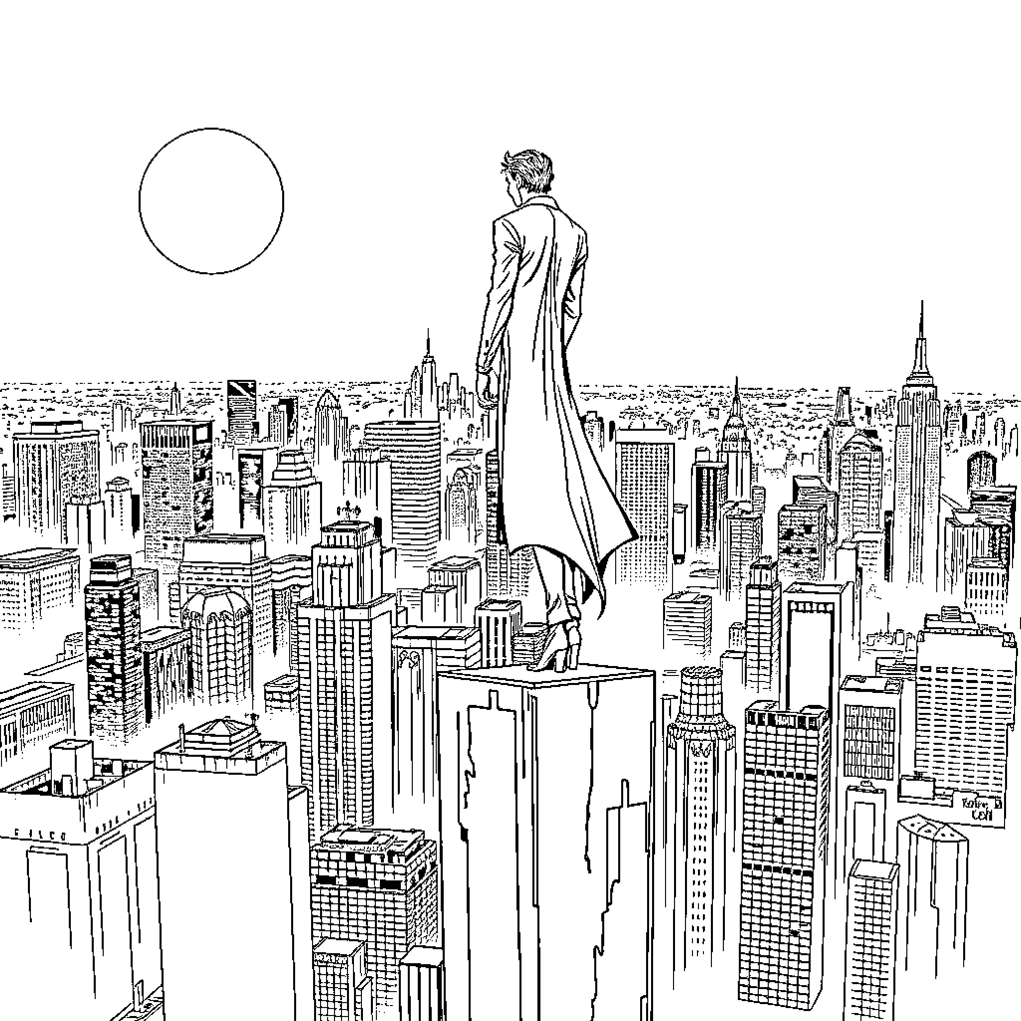 Joker gazing over the towering cityscape Coloring Page (free black-and-white line drawing printable PDF for all, from beginners to advanced learners, including children, teens, adults, and seniors)