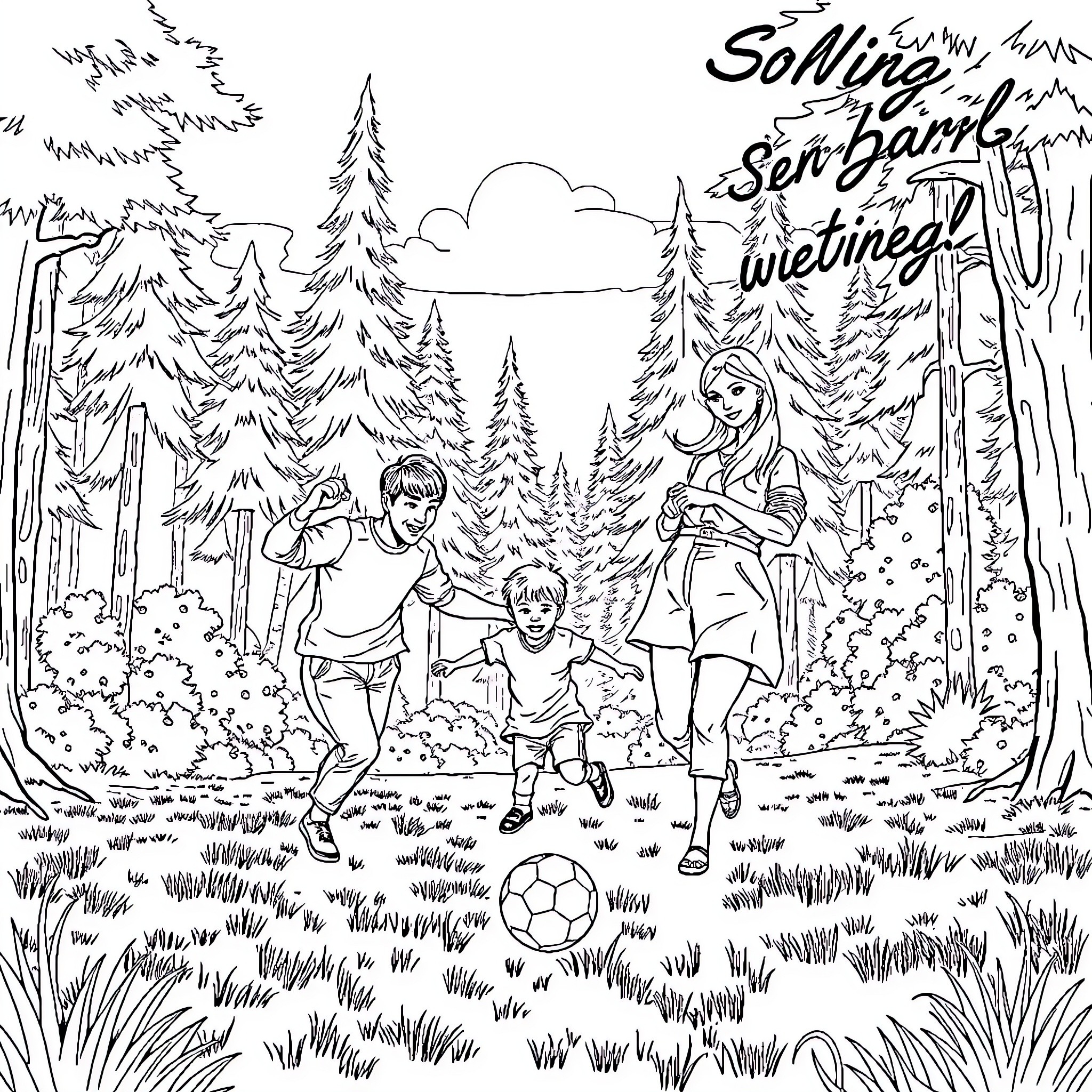 Family enjoying outdoor adventure in nature Coloring Page (free black-and-white line drawing printable PDF for all, from beginners to advanced learners, including children, teens, adults, and seniors)