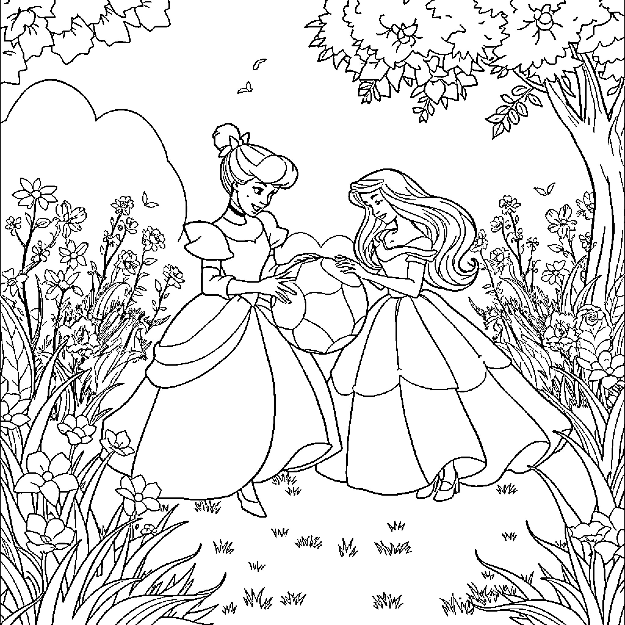 Cinderella's Enchanting Garden Stroll Coloring Page (free black-and-white line drawing printable PDF for all, from beginners to advanced learners, including children, teens, adults, and seniors)