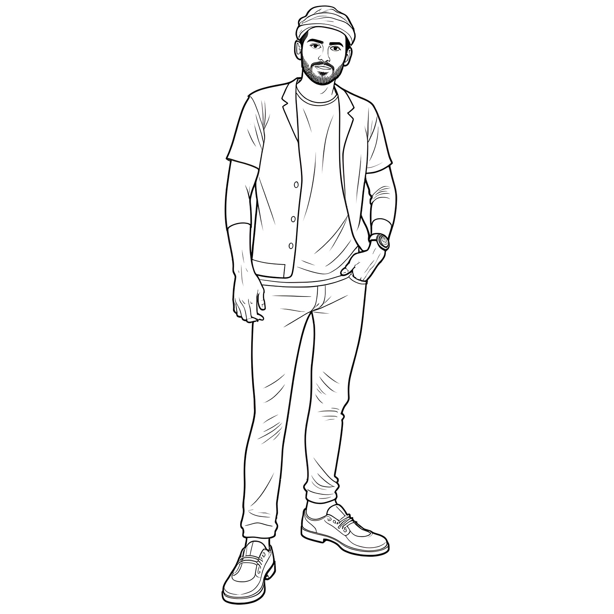 Suson Man in Casual Outfit Coloring Page (free black-and-white line drawing printable PDF for all, from beginners to advanced learners, including children, teens, adults, and seniors)