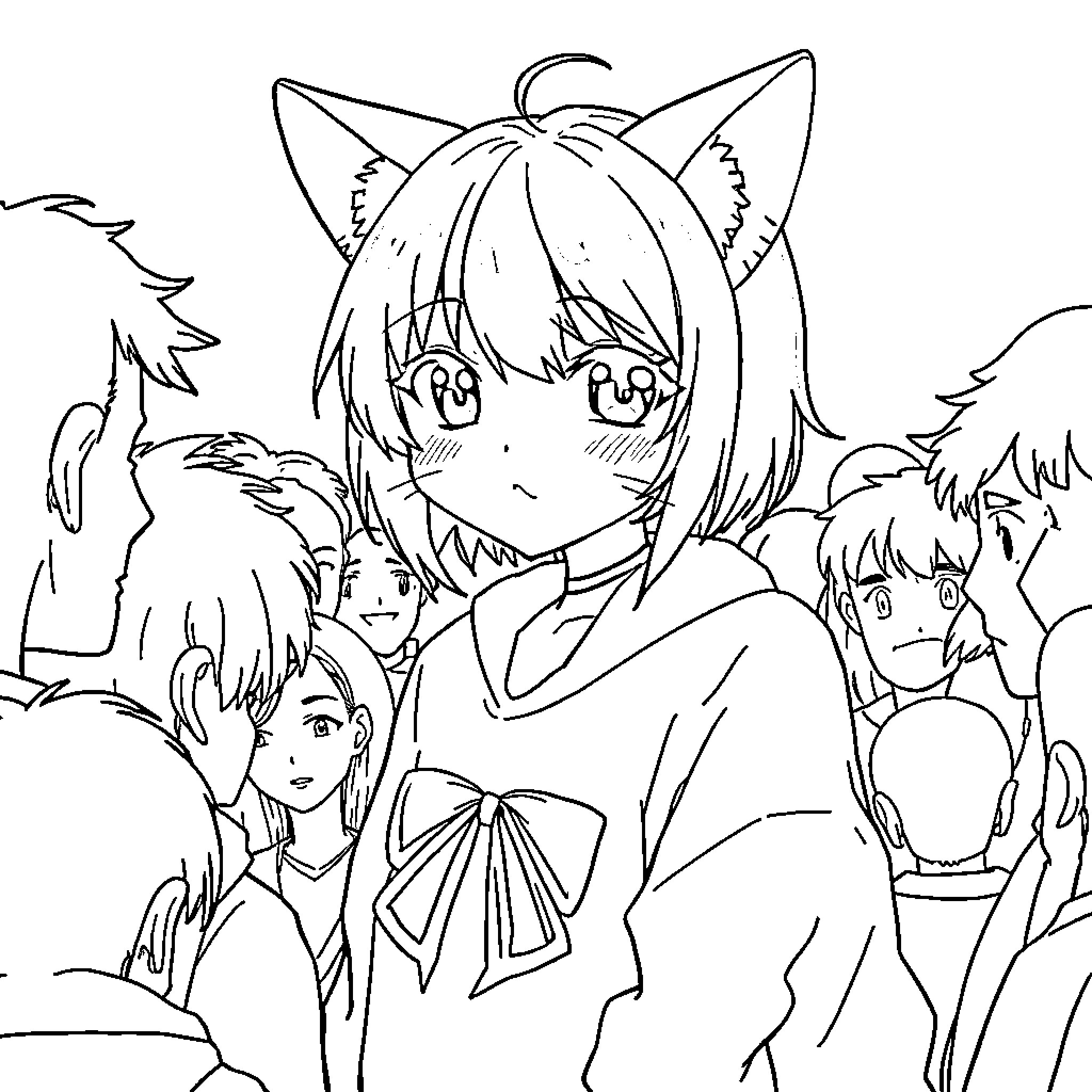 Catgirl surrounded by cheerful companions Coloring Page (free black-and-white line drawing printable PDF for all, from beginners to advanced learners, including children, teens, adults, and seniors)