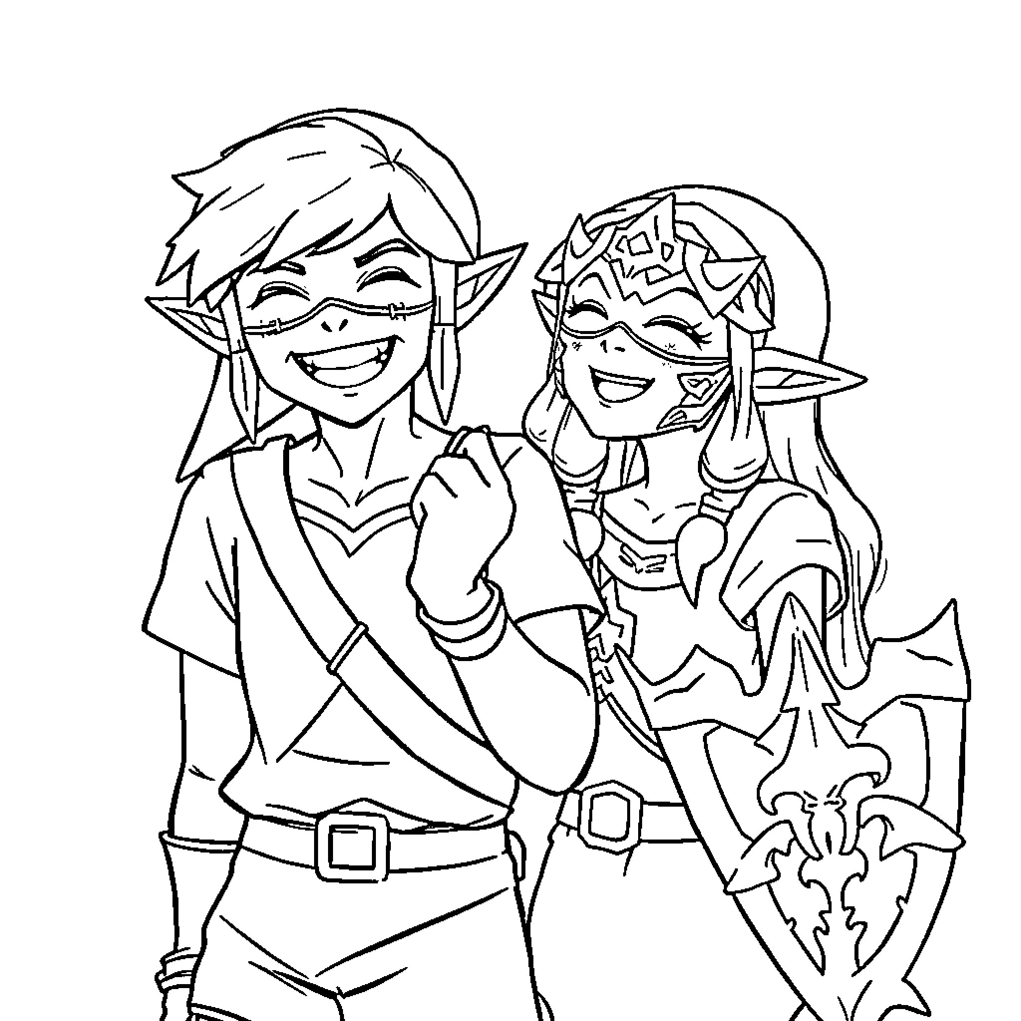 Link and Companion Posing Happily Together Coloring Page (free black-and-white line drawing printable PDF for all, from beginners to advanced learners, including children, teens, adults, and seniors)