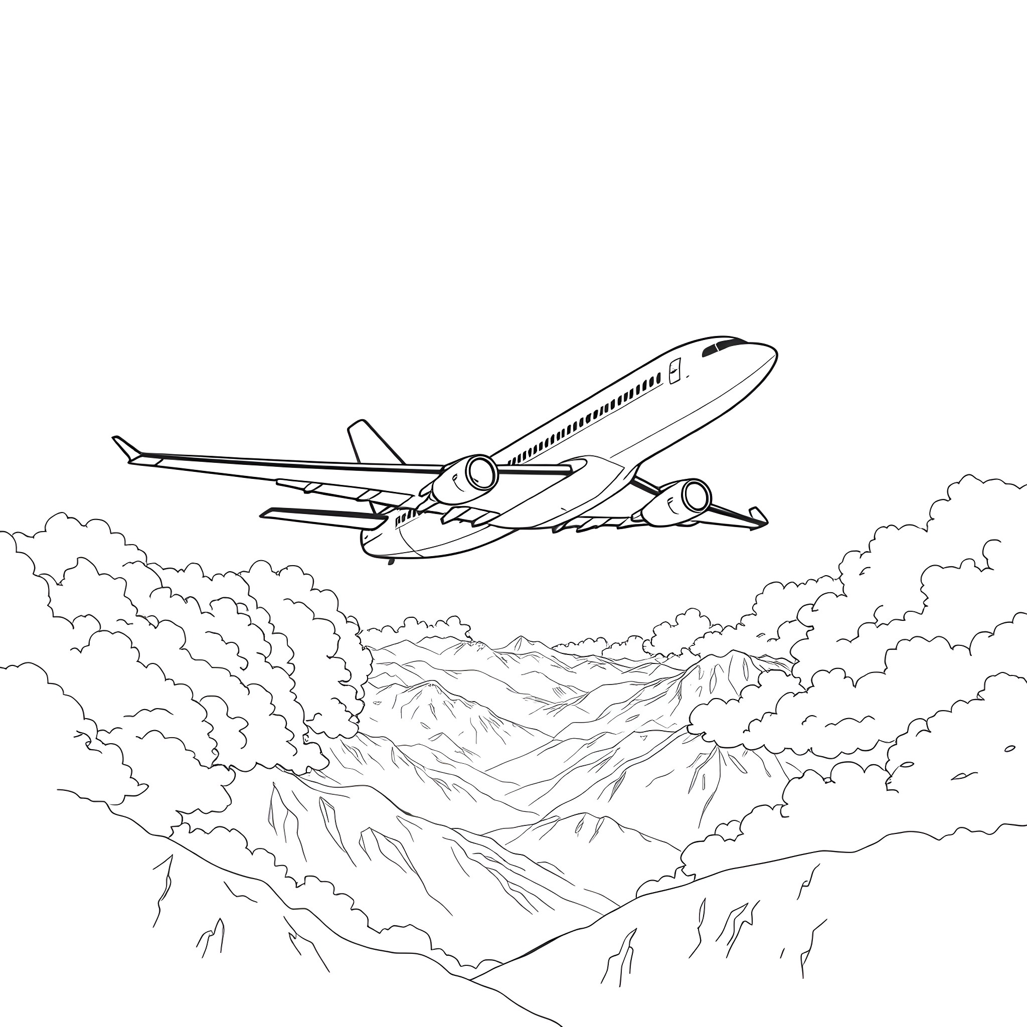 Airplane soaring through cloudy skies Coloring Page (free black-and-white line drawing printable PDF for all, from beginners to advanced learners, including children, teens, adults, and seniors)