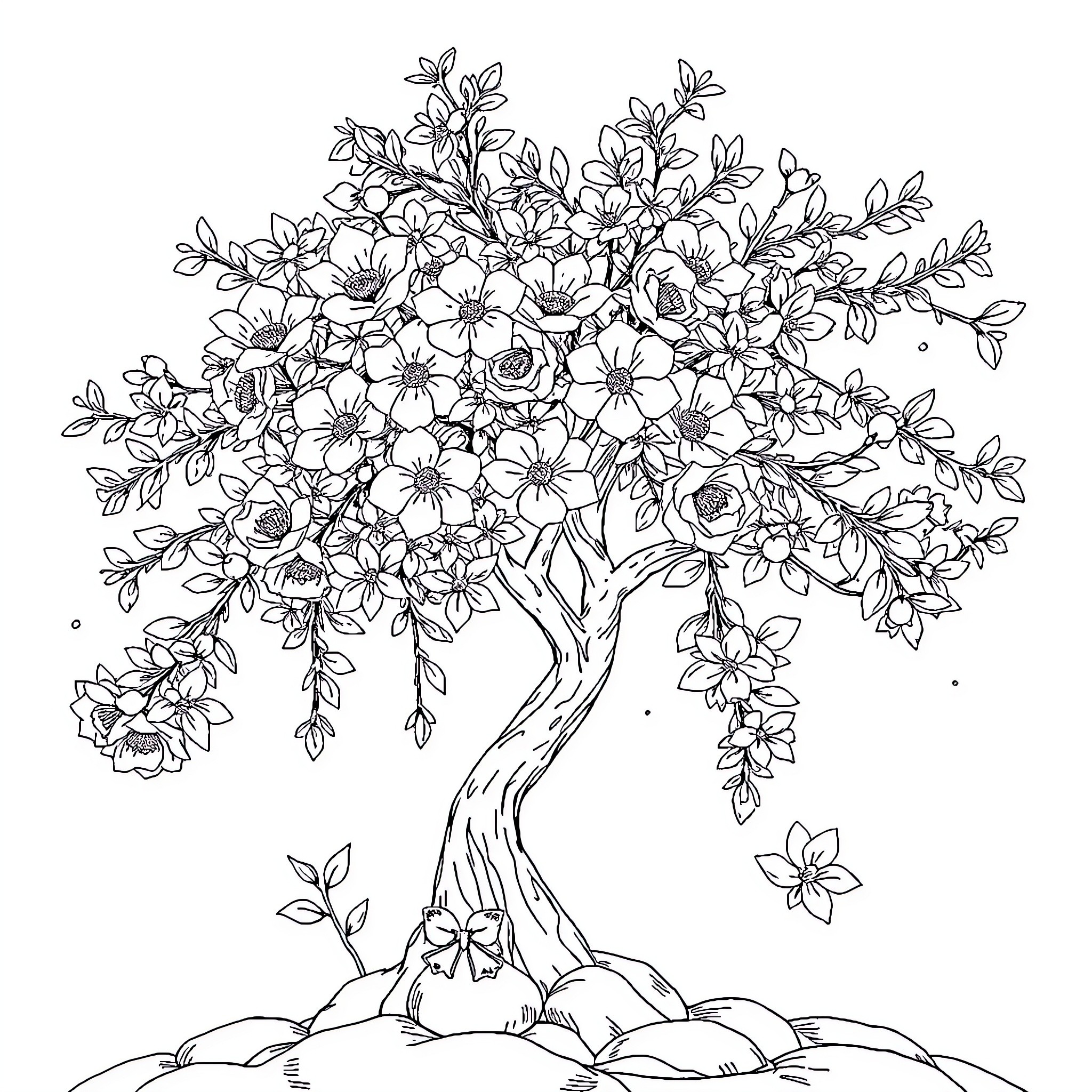 Cherry Blossom Tree in Full Bloom Coloring Page (free black-and-white line drawing printable PDF for all, from beginners to advanced learners, including children, teens, adults, and seniors)