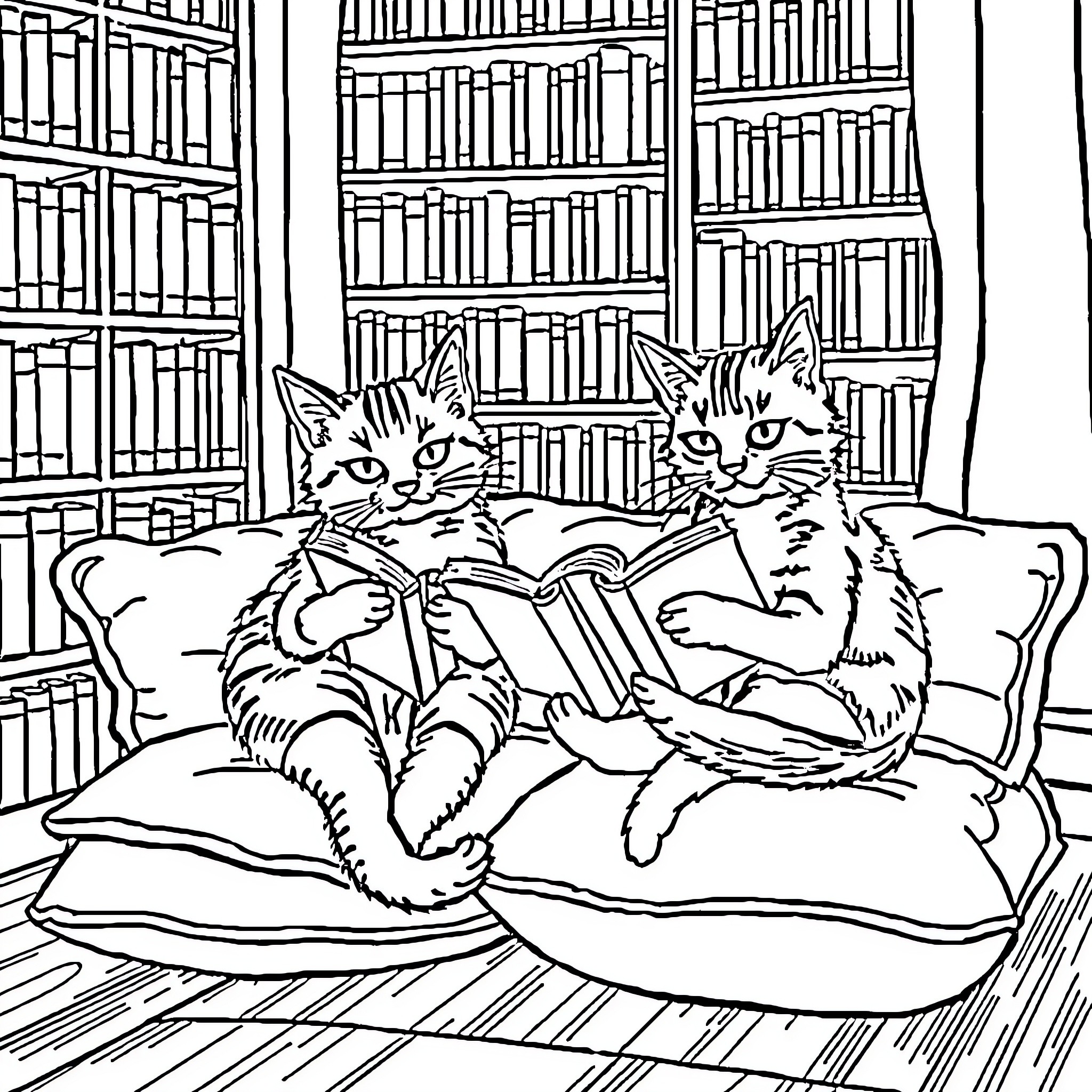 Cats reading books in a cozy library Coloring Page (free black-and-white line drawing printable PDF for all, from beginners to advanced learners, including children, teens, adults, and seniors)