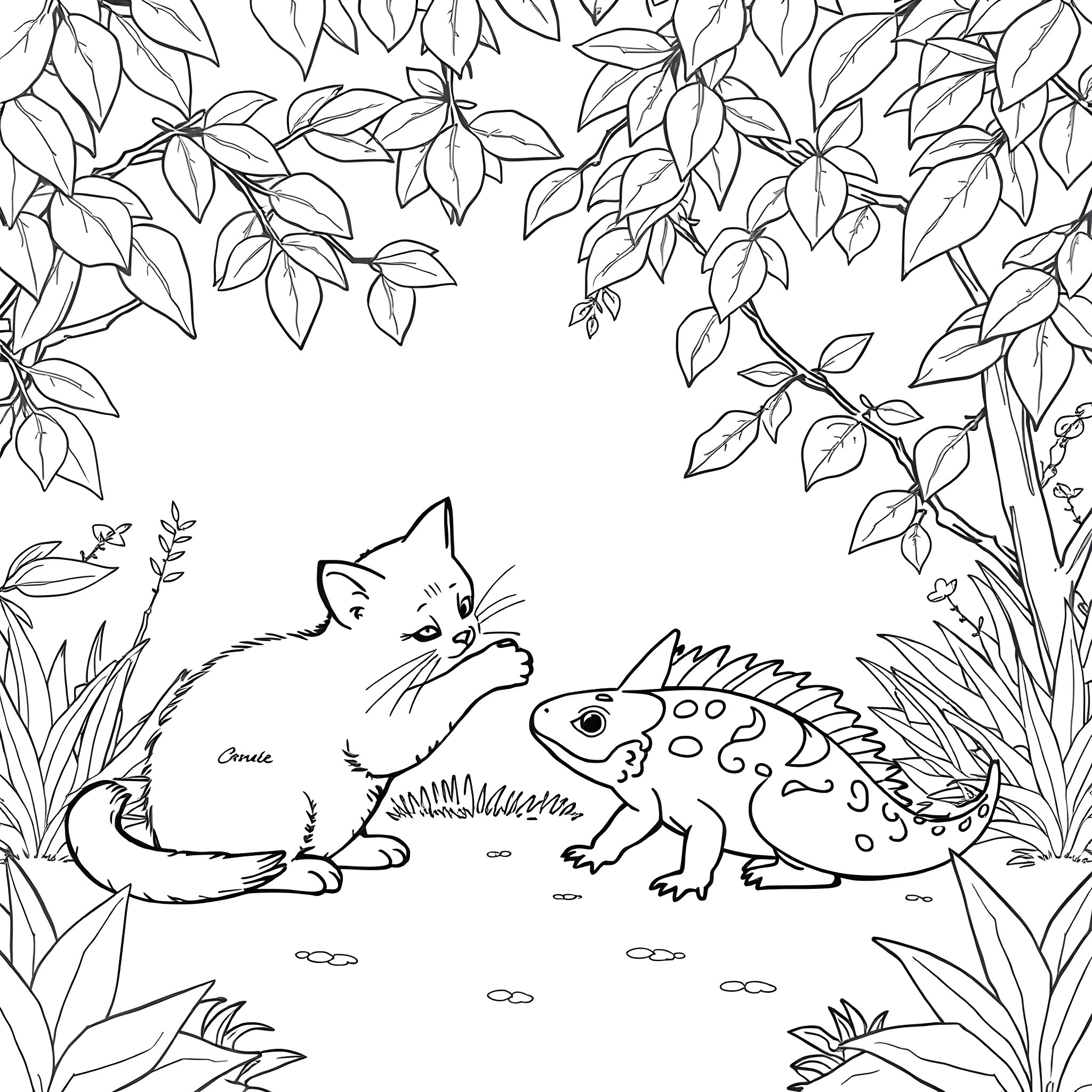 Cat and Lizard in the Foliage Coloring Page (free black-and-white line drawing printable PDF for all, from beginners to advanced learners, including children, teens, adults, and seniors)