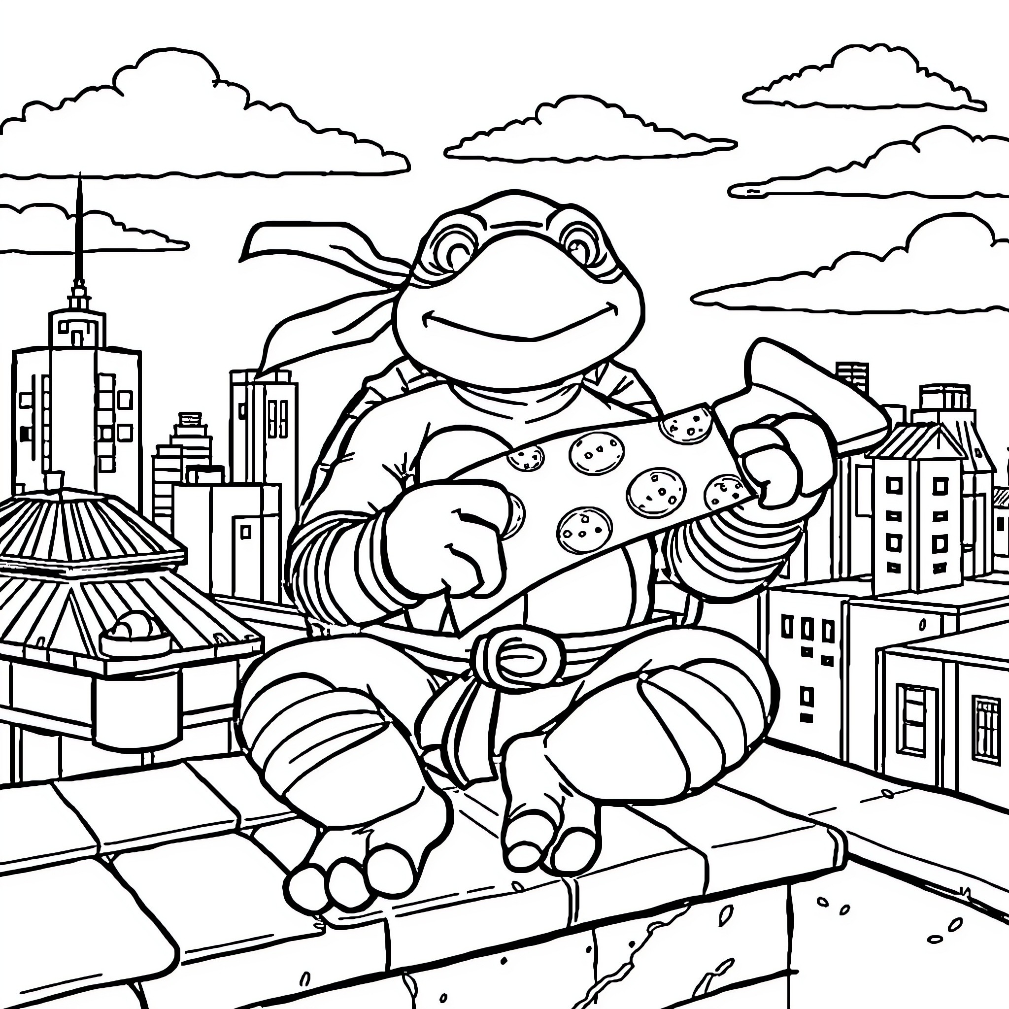 Ninja Turtle enjoying pizza on city rooftops Coloring Page (free black-and-white line drawing printable PDF for all, from beginners to advanced learners, including children, teens, adults, and seniors)