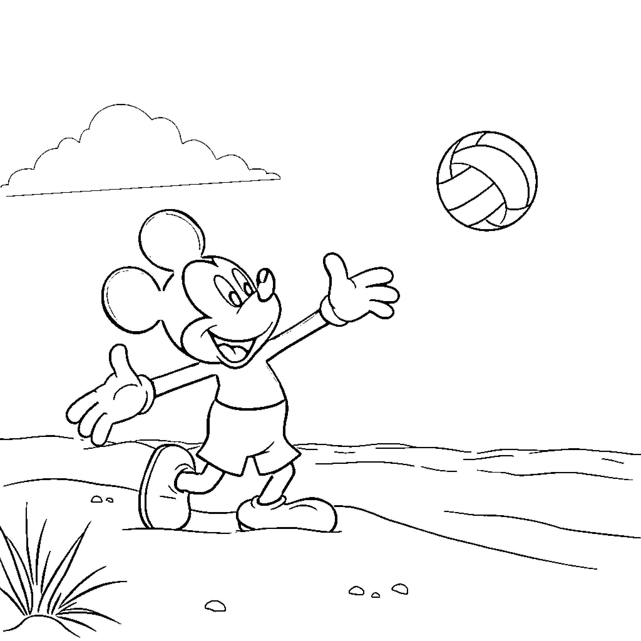 Mickey Mouse playing with volleyball on the beach Coloring Page (free black-and-white line drawing printable PDF for all, from beginners to advanced learners, including children, teens, adults, and seniors)