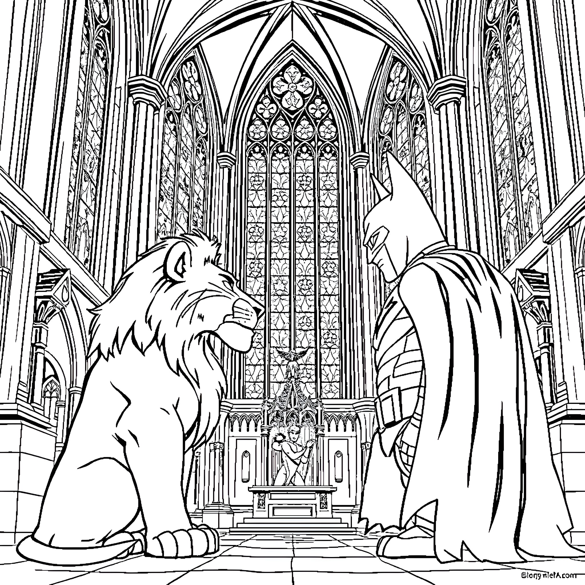 Simba and Batman in a grand cathedral Coloring Page (free black-and-white line drawing printable PDF for all, from beginners to advanced learners, including children, teens, adults, and seniors)