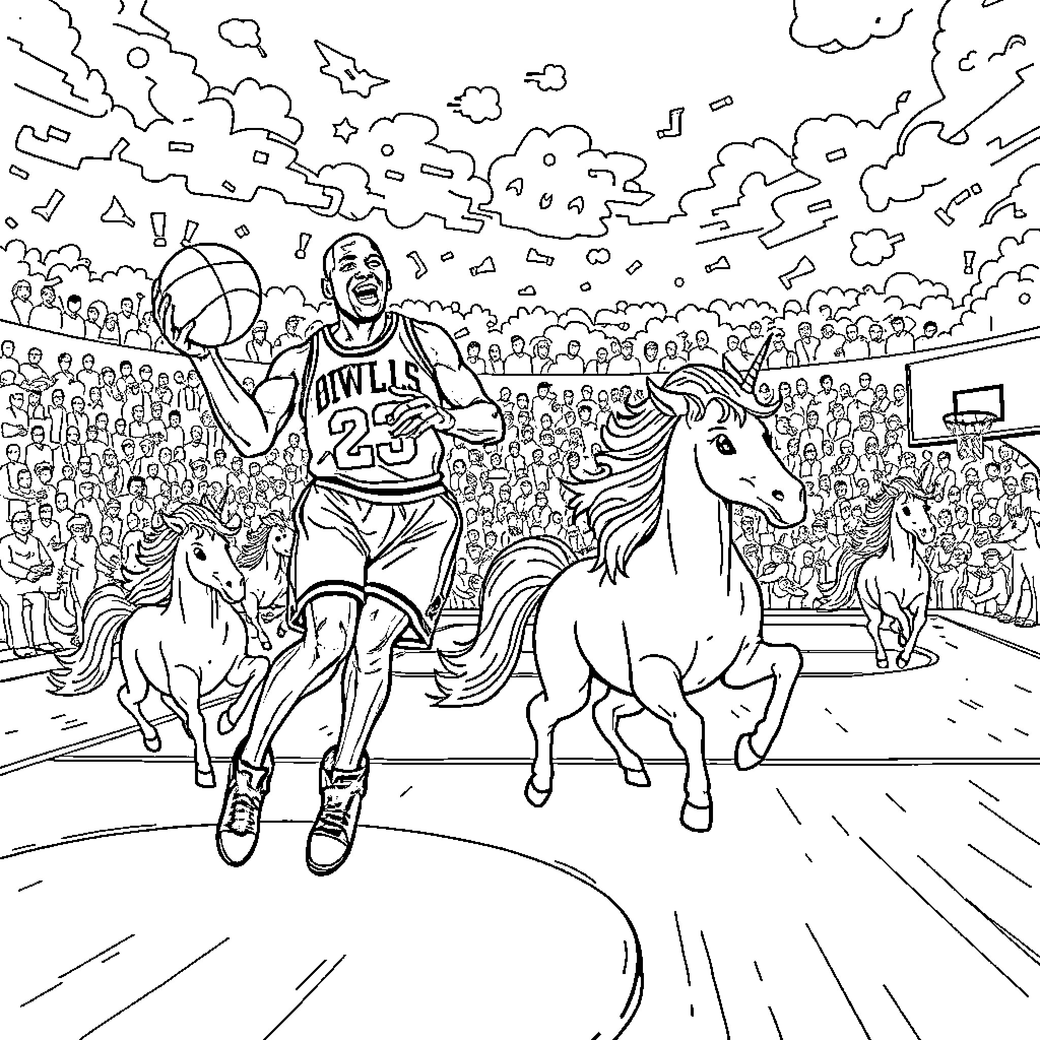 Michael Jordan Dunking on Unicorns in Basketball Game Coloring Page (free black-and-white line drawing printable PDF for all, from beginners to advanced learners, including children, teens, adults, and seniors)