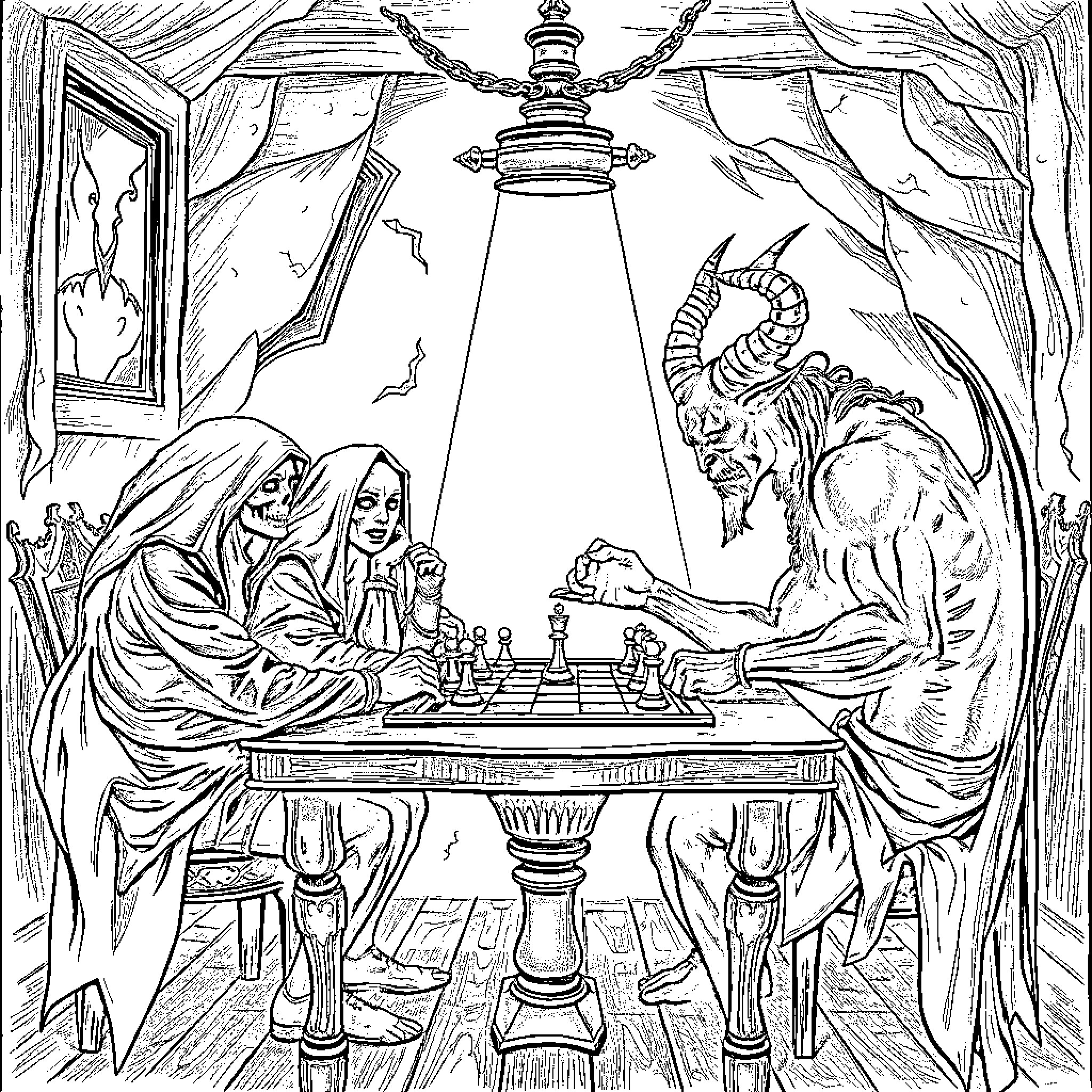 Akercocke: Mysterious Encounter in the Candlelit Chamber Coloring Page (free black-and-white line drawing printable PDF for all, from beginners to advanced learners, including children, teens, adults, and seniors)