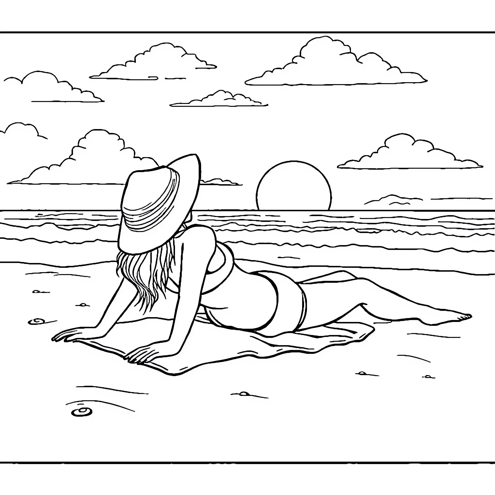 Woman relaxing on the beach during sunset Coloring Page (free black-and-white line drawing printable PDF for all, from beginners to advanced learners, including children, teens, adults, and seniors)