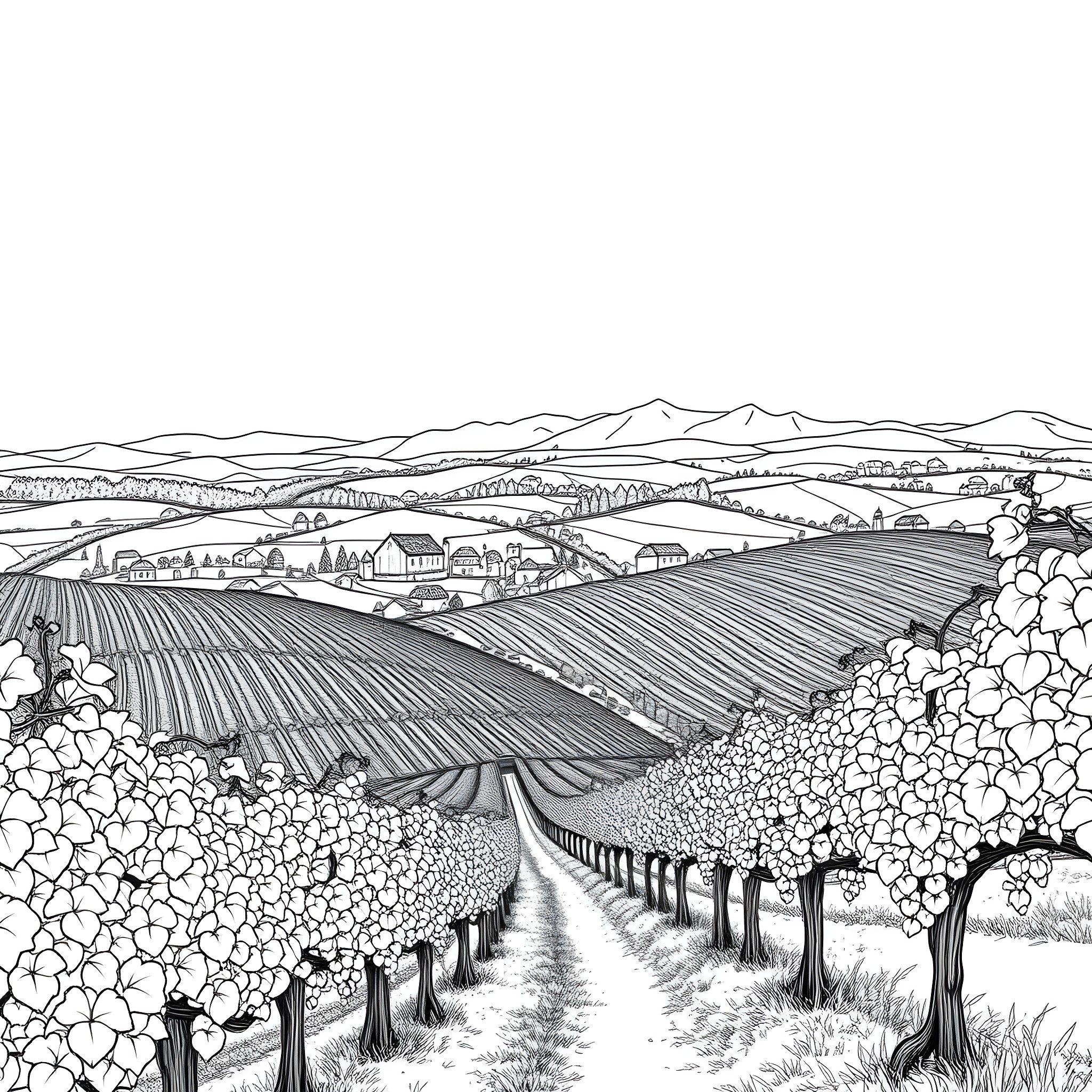 Photographer captures serene rural landscape with farmhouses Coloring Page (free black-and-white line drawing printable PDF for all, from beginners to advanced learners, including children, teens, adults, and seniors)