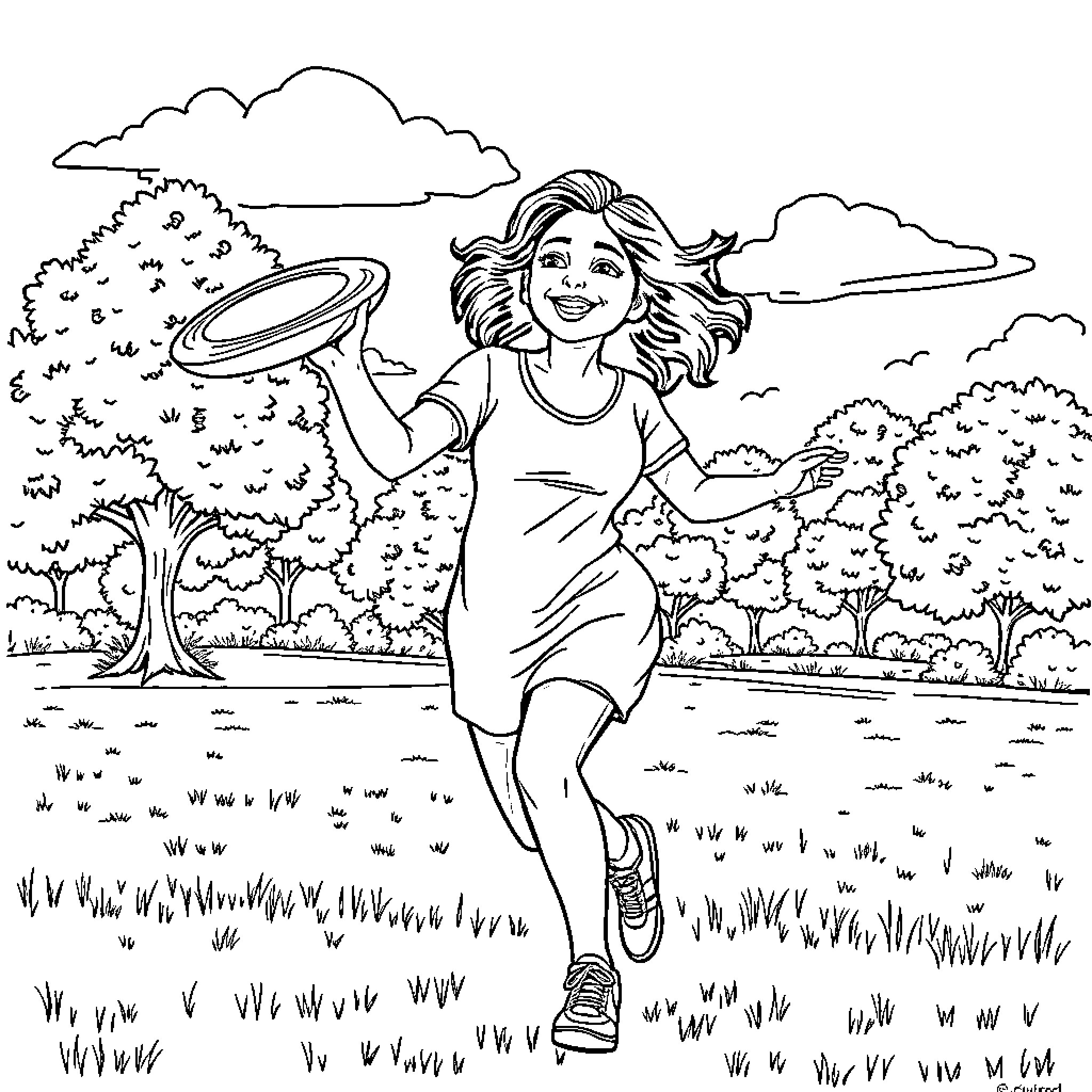 Mama's Joyful Frisbee Catch in the Vibrant Outdoors Coloring Page (free black-and-white line drawing printable PDF for all, from beginners to advanced learners, including children, teens, adults, and seniors)
