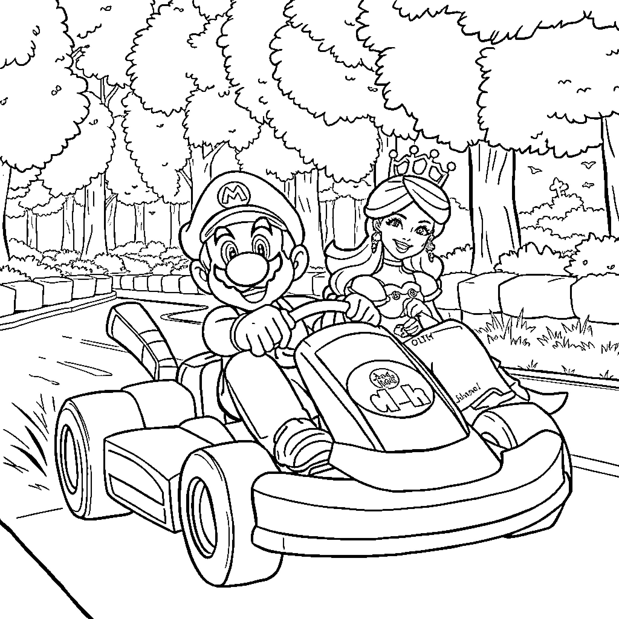 Super Mario and Princess Racing in the Forest Coloring Page (free black-and-white line drawing printable PDF for all, from beginners to advanced learners, including children, teens, adults, and seniors)