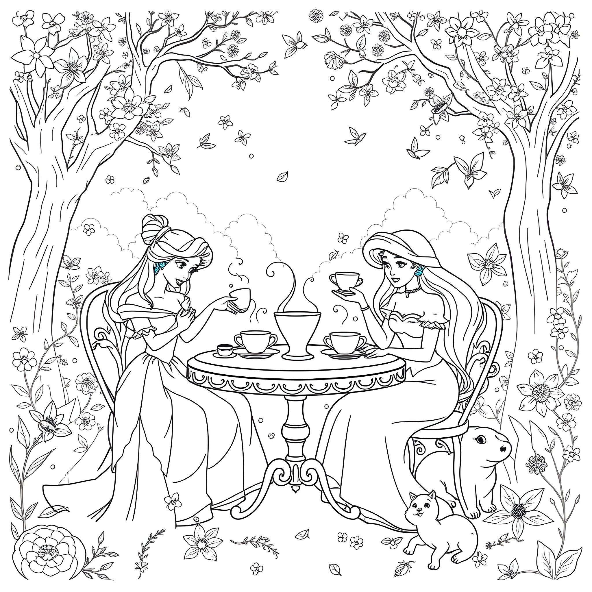 Princess Tea Party in the Enchanted Forest Coloring Page (free black-and-white line drawing printable PDF for all, from beginners to advanced learners, including children, teens, adults, and seniors)