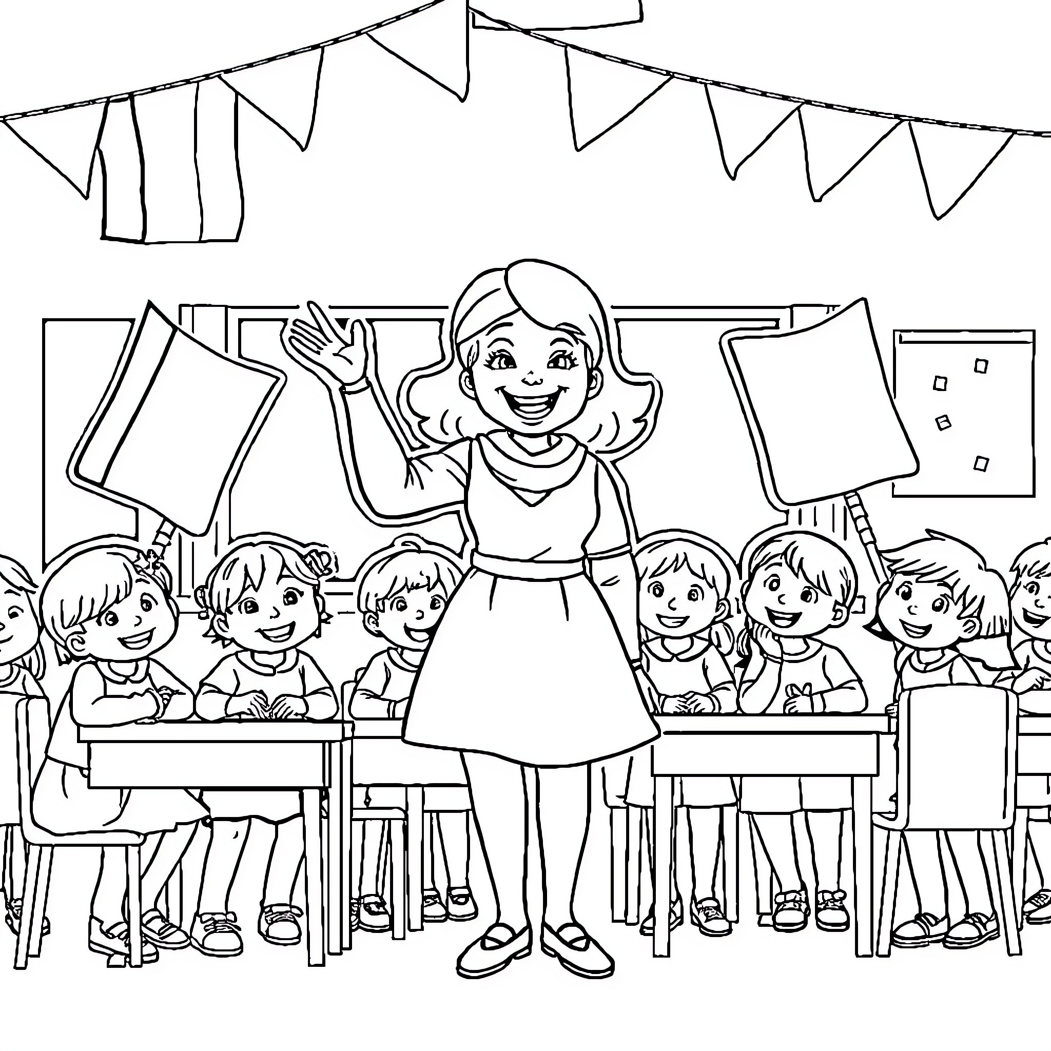 Institutrice leading her cheerful students in the classroom Coloring Page (free black-and-white line drawing printable PDF for all, from beginners to advanced learners, including children, teens, adults, and seniors)