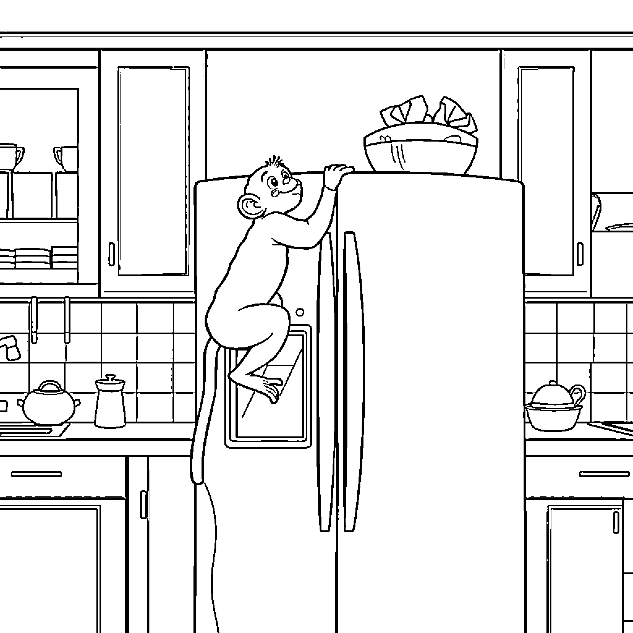 Monkey exploring the kitchen Coloring Page (free black-and-white line drawing printable PDF for all, from beginners to advanced learners, including children, teens, adults, and seniors)