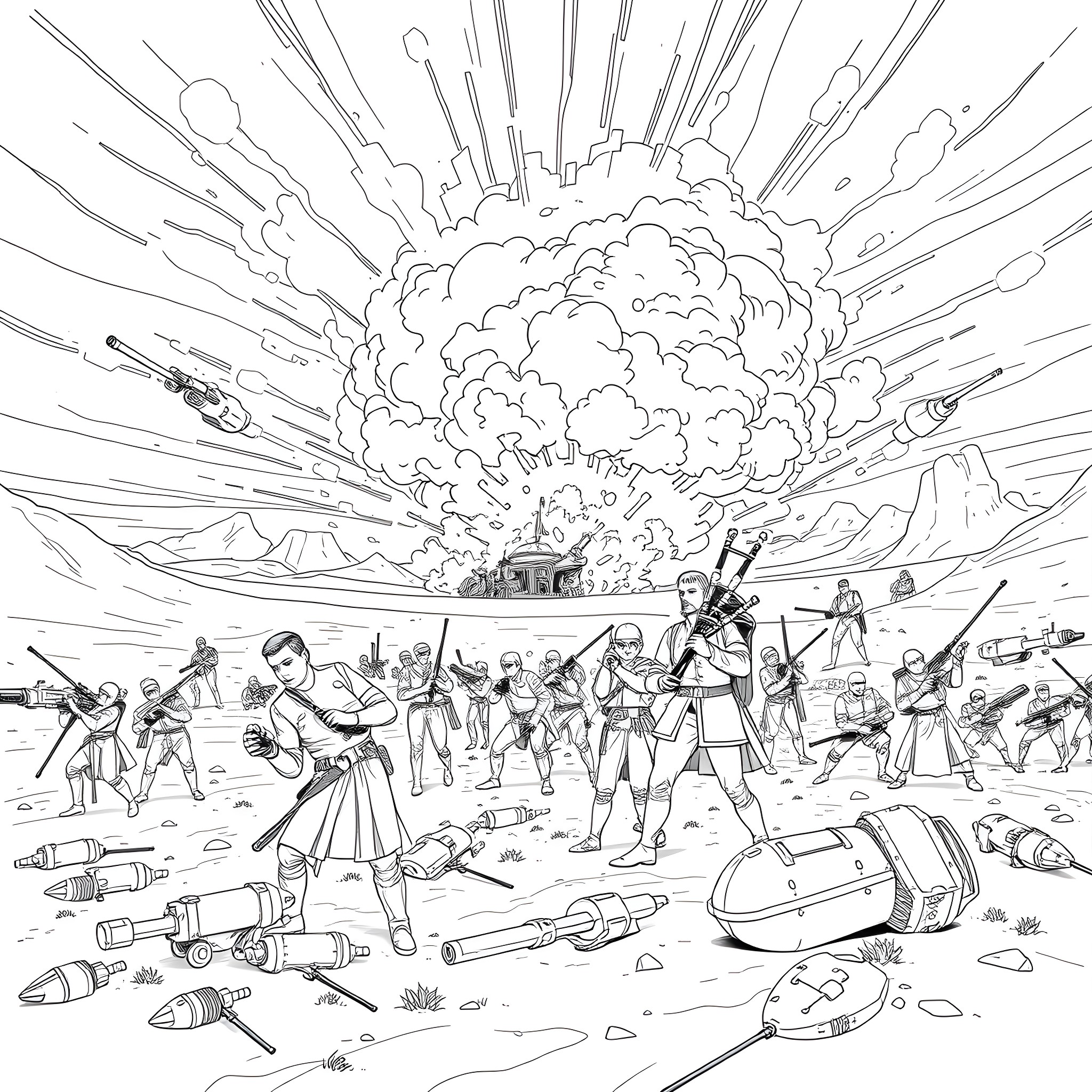 Bagpipe player amid battle and explosions Coloring Page (free black-and-white line drawing printable PDF for all, from beginners to advanced learners, including children, teens, adults, and seniors)