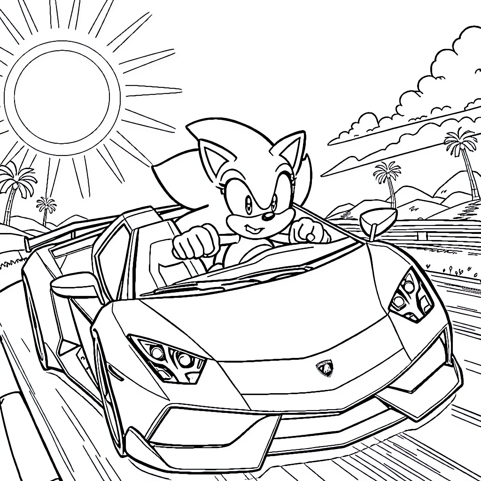 Sonic driving a sports car on a sunny beach Coloring Page (free black-and-white line drawing printable PDF for all, from beginners to advanced learners, including children, teens, adults, and seniors)