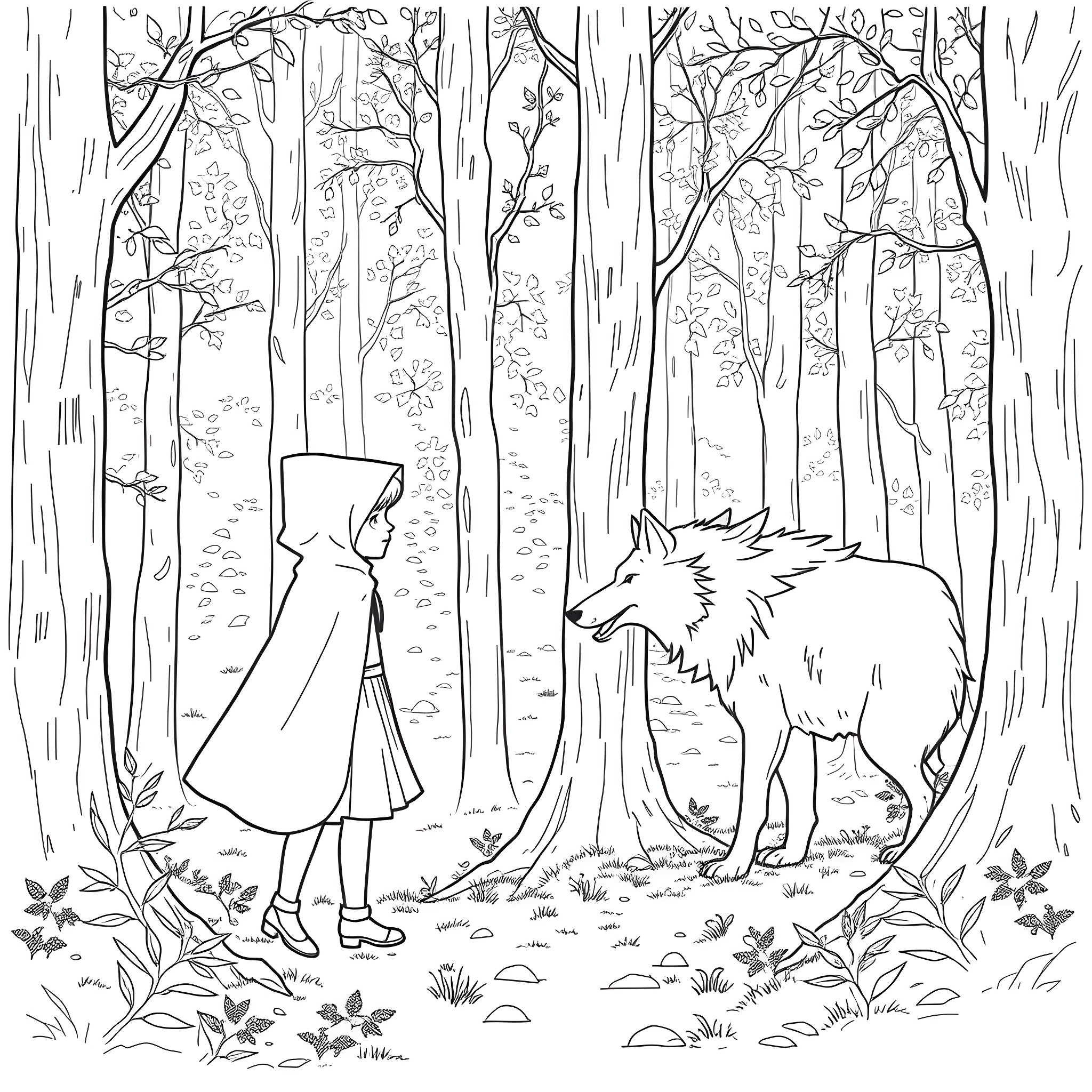 Red Riding Hood encountering the wolf in the enchanted forest Coloring Page (free black-and-white line drawing printable PDF for all, from beginners to advanced learners, including children, teens, adults, and seniors)