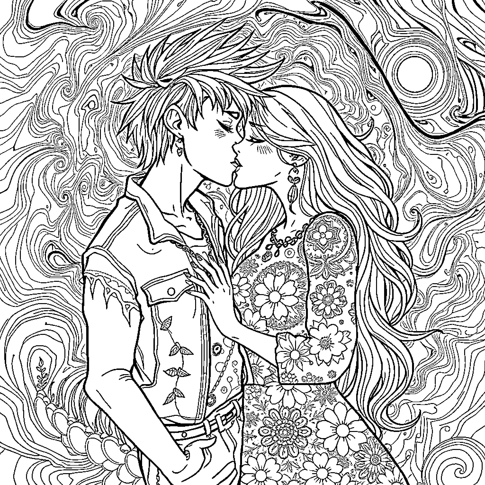 Couple embracing in an abstract floral setting Coloring Page (free black-and-white line drawing printable PDF for all, from beginners to advanced learners, including children, teens, adults, and seniors)