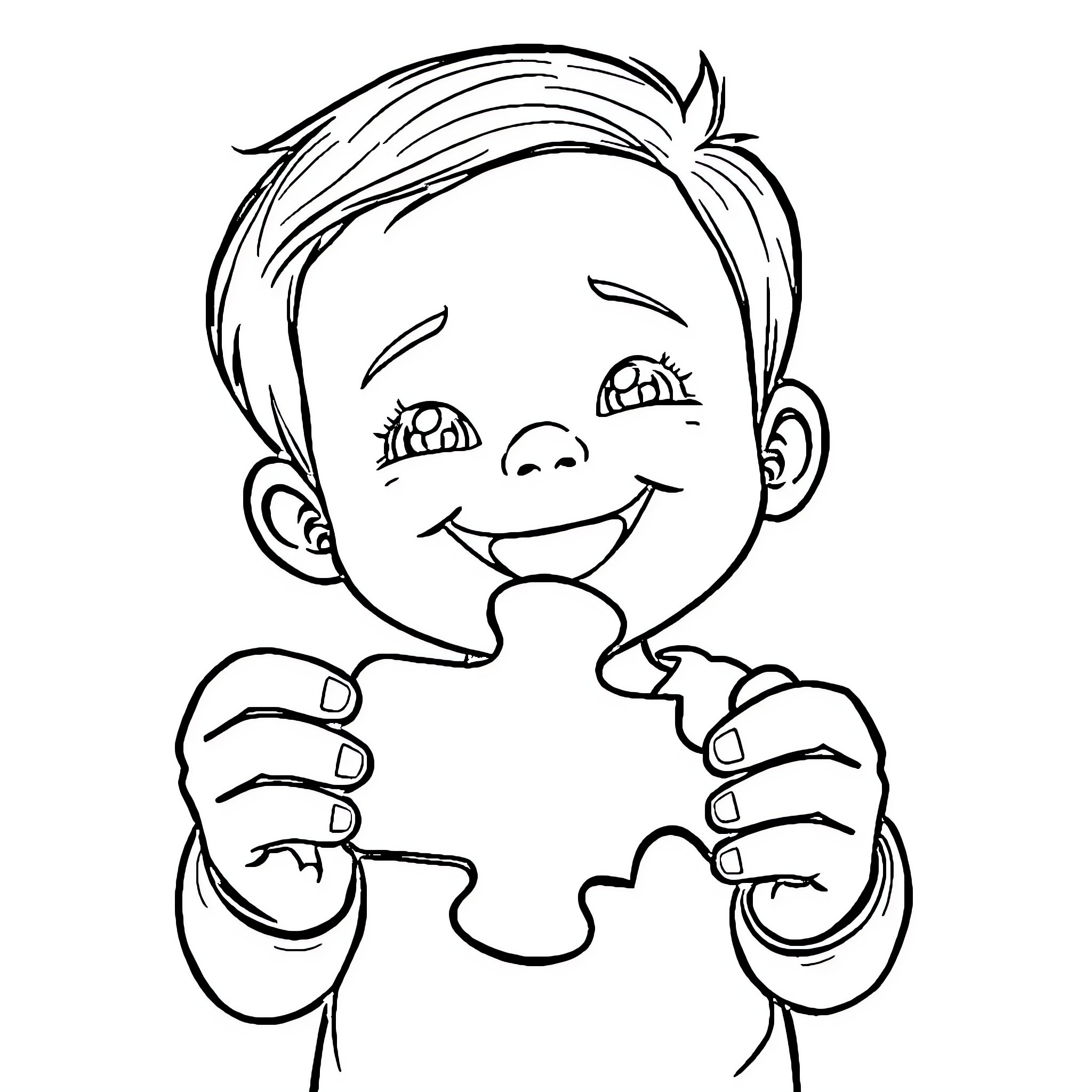 Boy happily solving puzzle with joyful expression Coloring Page (free black-and-white line drawing printable PDF for all, from beginners to advanced learners, including children, teens, adults, and seniors)