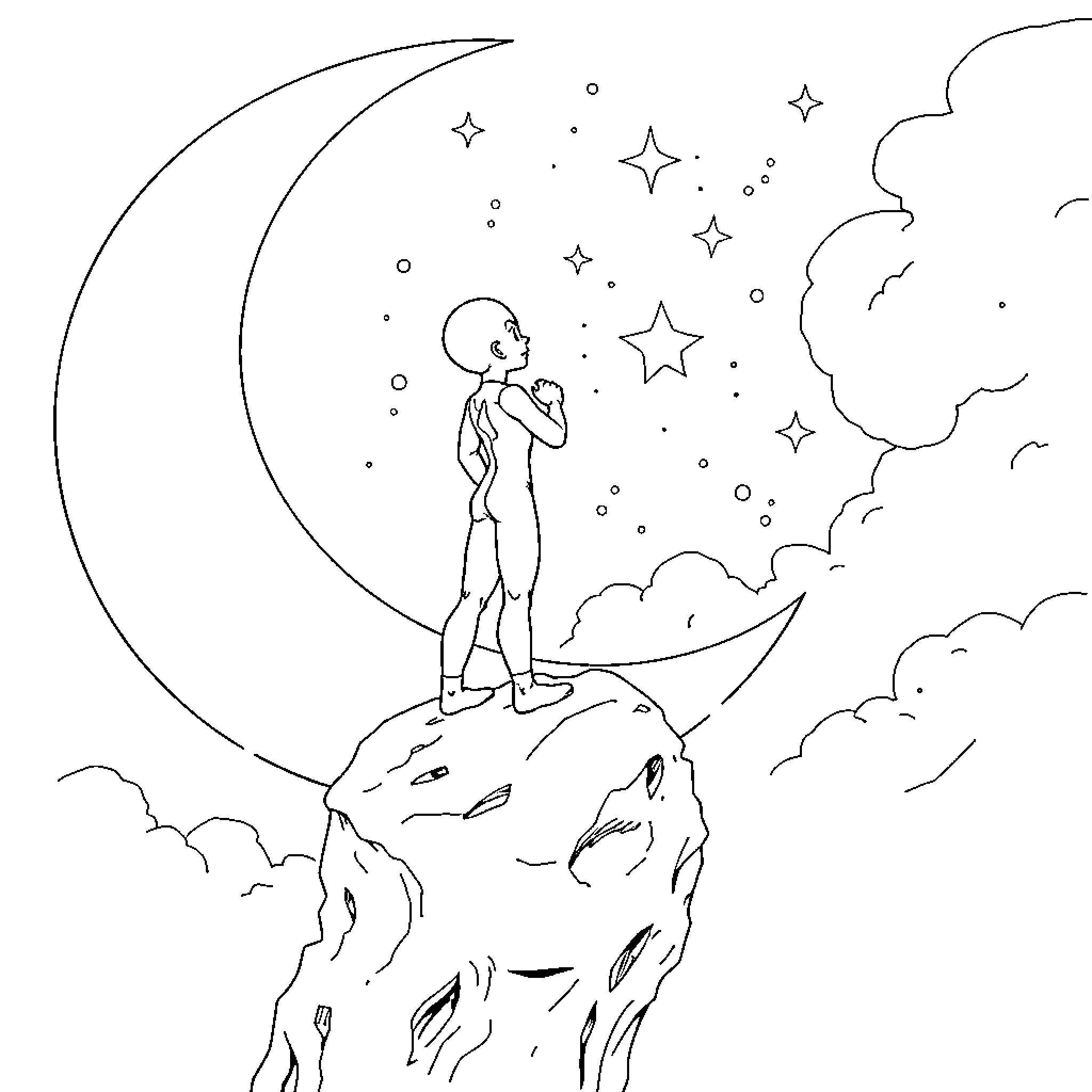 Saitama gazing at the starry night sky Coloring Page (free black-and-white line drawing printable PDF for all, from beginners to advanced learners, including children, teens, adults, and seniors)