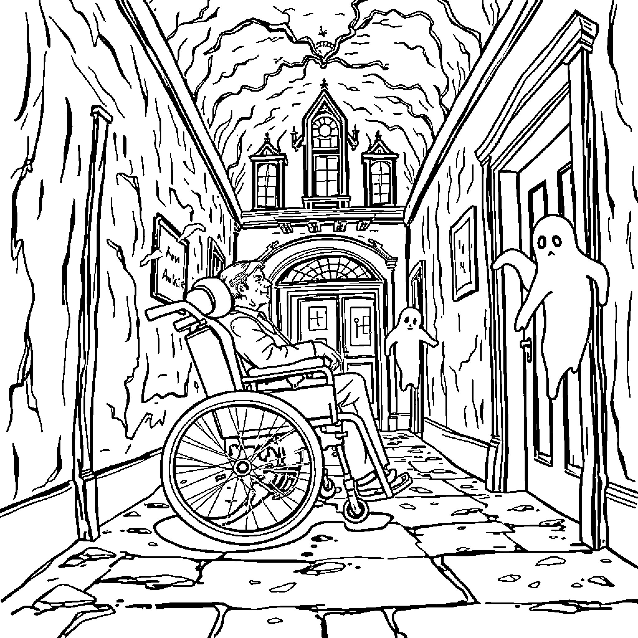 Stephen Hawking navigates haunted corridors in his wheelchair Coloring Page (free black-and-white line drawing printable PDF for all, from beginners to advanced learners, including children, teens, adults, and seniors)