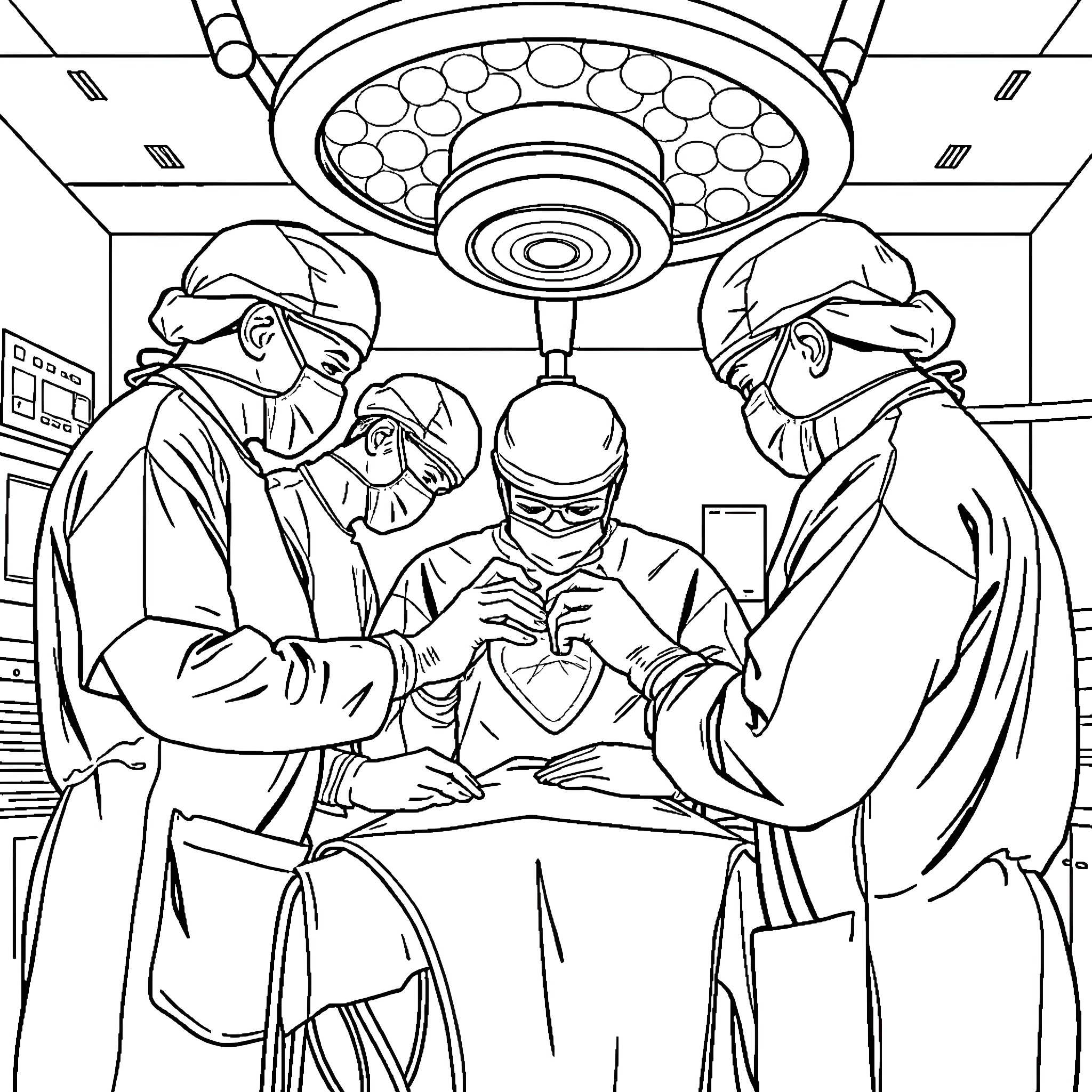 Heart of the Operation: Surgical Team at Work Coloring Page (free black-and-white line drawing printable PDF for all, from beginners to advanced learners, including children, teens, adults, and seniors)